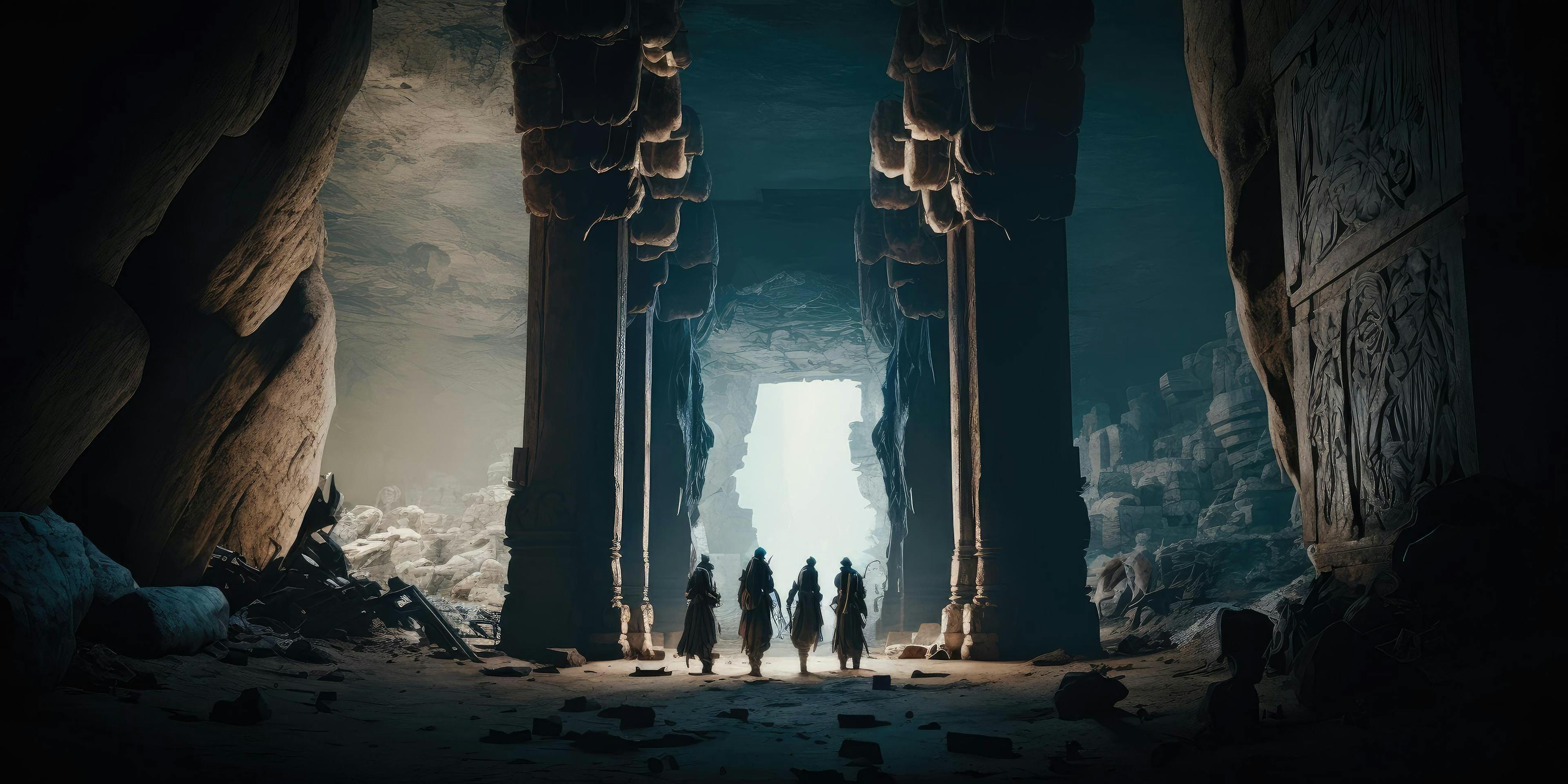 Close up movie still of a group of explorers finding ancient abandoned temple inside a huge cavern. Generative AI AIG16. | Image Credit: © Blue Planet Studio - stock.adobe.com 