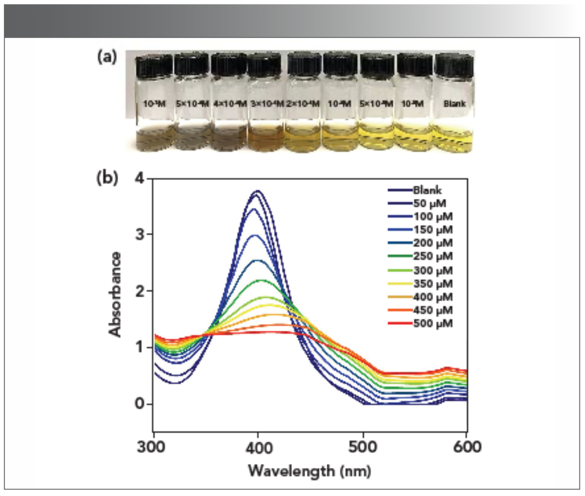 FIGURE 5: (a) Photographs and (b) UV-vis spectra of AgPA-CHIT with different concentrations of Pd2+.
