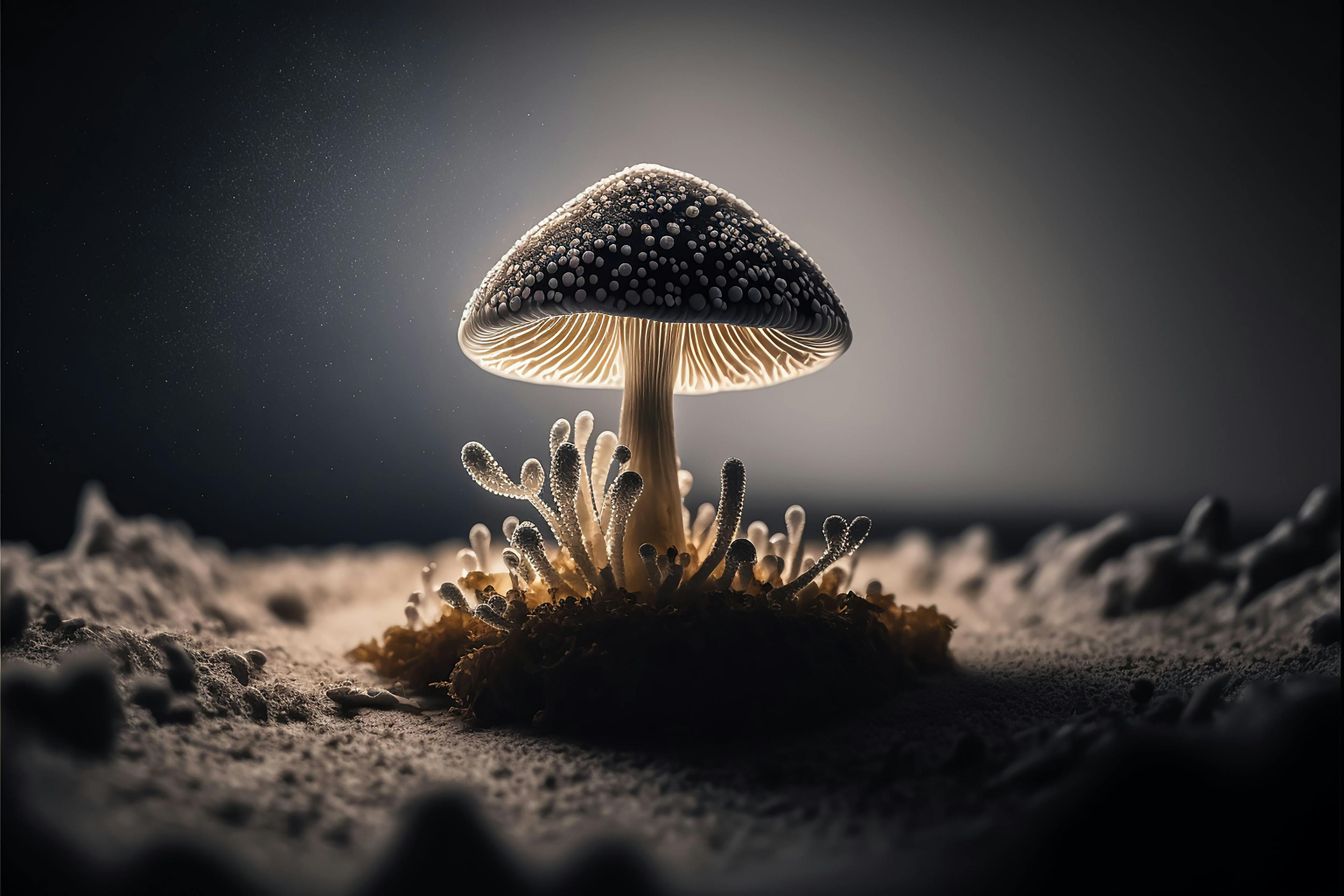 close up of a psilocybin mushroom on a piece of dirt, magic mushroom | Image Credit: © Nastazia - stock.adobe.com 