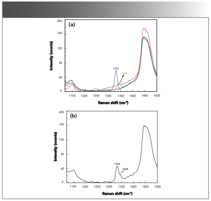FIGURE 4: (a) Raman spectra of methanol (black), methanol and o-nitrophenol (red), methanol and m-nitrophenol (green), and methanol and p-nitrophenol (blue). (b) A mixture of o-, m-, and p-nitrophenol with methanol as the solvent.