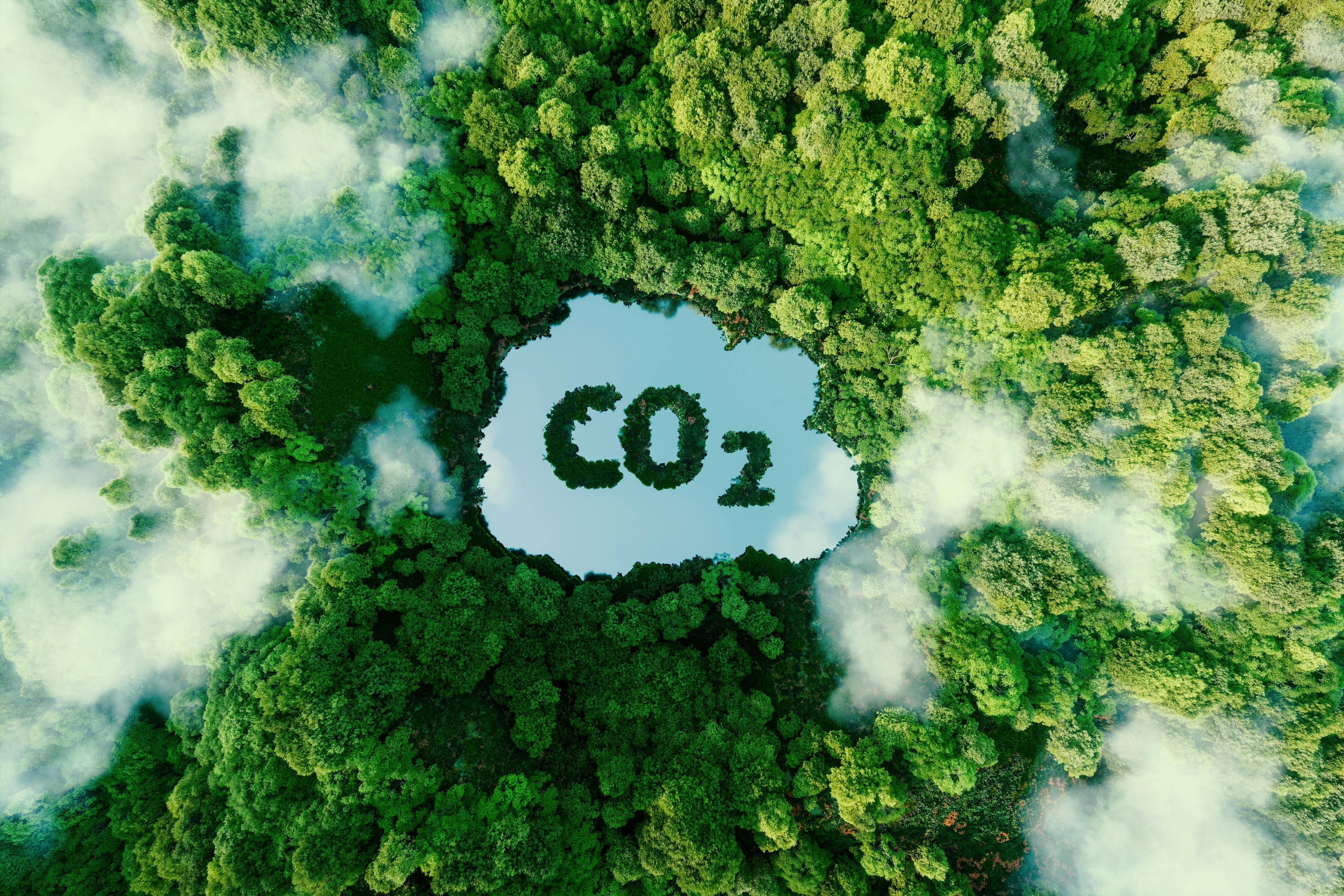 Concept depicting the issue of carbon dioxide emissions and its impact on nature in the form of a pond in the shape of a co2 symbol located in a lush forest. 3d rendering. | Image Credit: © malp - stock.adobe.com