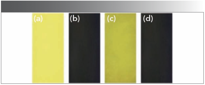 FIGURE 9: Images of HNT on test papers under irradiation at 365 nm. (a) Only HNT, (b) after immersion in DMSO:H2O (v:v, 1:1) solution with CN−, (c) after immersion in a DMSO:H2O (v:v, 1:1) solution with other anions, and (d) after immersion in a DMSO:H2O (v:v, 1:1) solution with CN- and other anions.