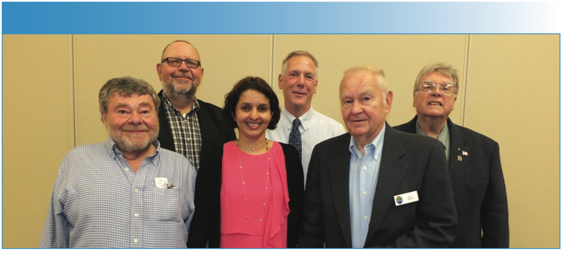 Group photo at the Spectroscopy Society of Pittsburgh monthly meeting where Sharma was the invited speaker. L to R: Front Row: Sandy Asher, Bhavya Sharma, and the late John Jackovitz. Second Row: Chuck Gardner, Don Antczak, and Kerry Holzworth, September 2017, Pittsburgh, Pennsylvania.