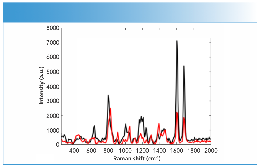FIGURE 3: Raman spectra of mephedrone samples in crystal (black) and powder (red) forms measured using an FT-Raman spectrometer equipped with 1064-nm laser excitation wavelength.
