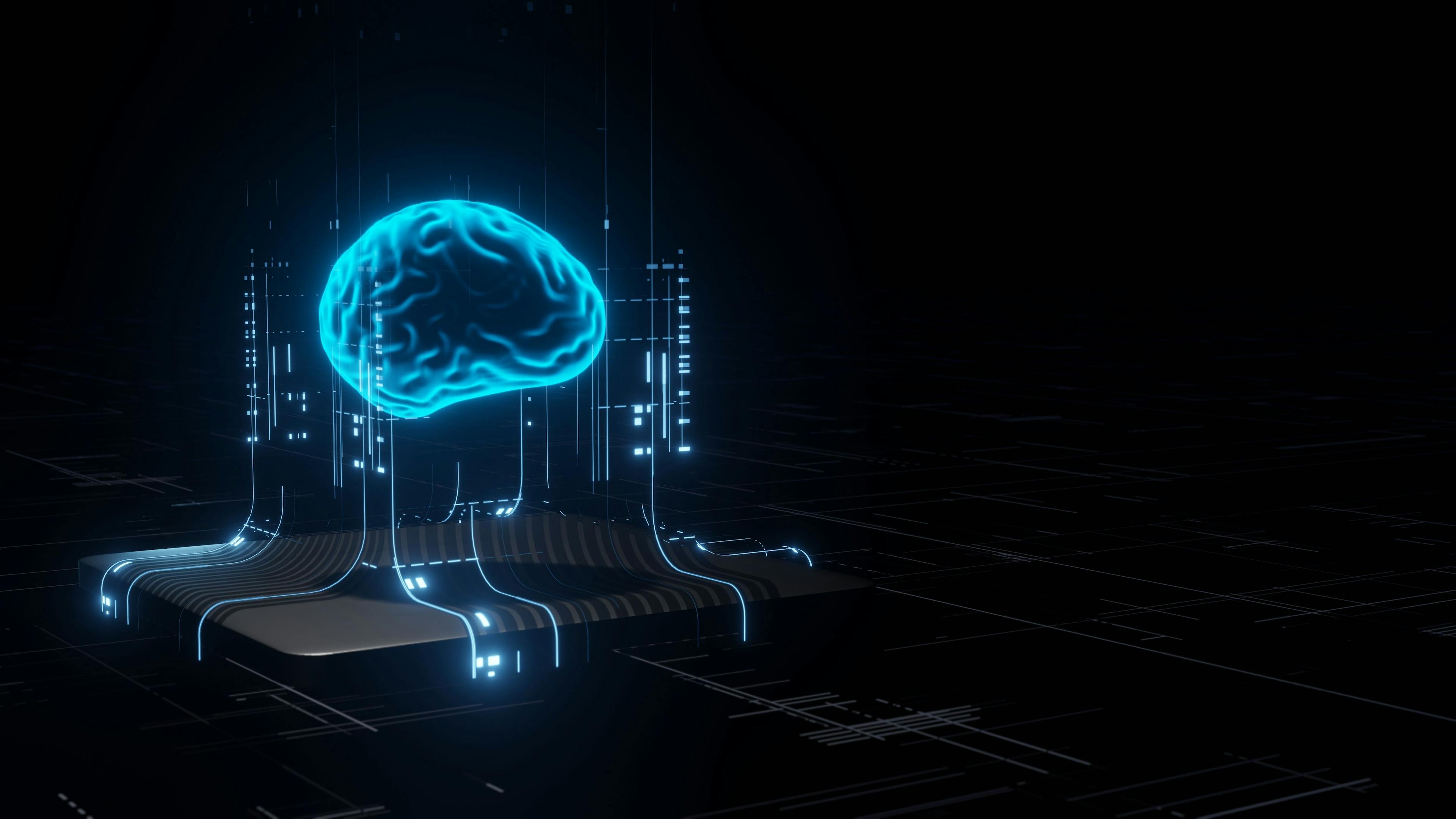 3D Rendering of Artificial Intelligence hardware concept. Glowing blue brain circuit on microchip on computer motherboard. For big data processing, ai trading, machine learning, technology background | Image Credit: © knssr - stock.adobe.com 
