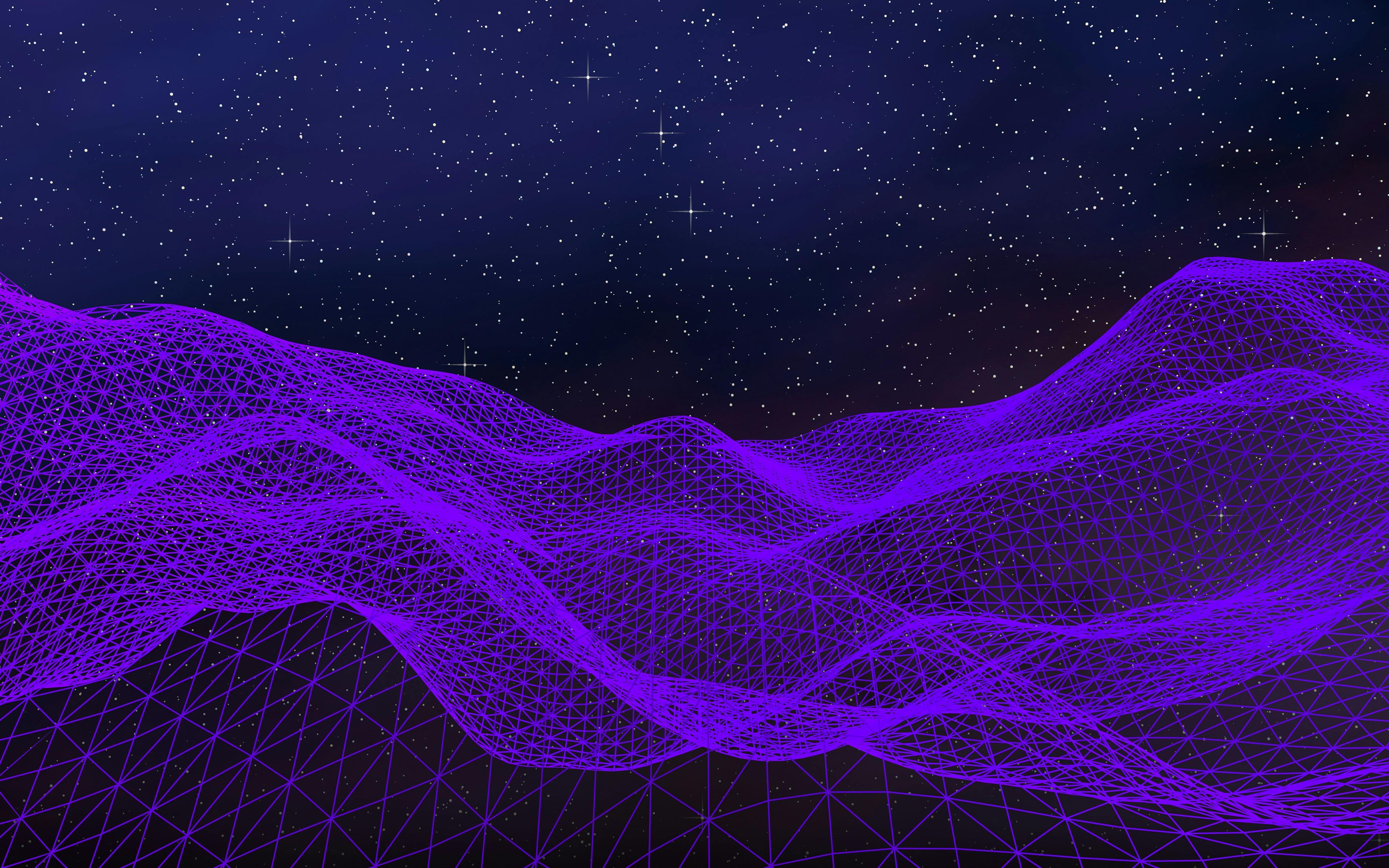 Abstract ultraviolet landscape on a dark background. Purple cyberspace grid. hi tech network. Outer space. Violet starry outer space texture. 3D illustration | Image Credit: © Plastic man - stock.adobe.com
