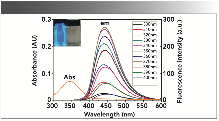 FIGURE 1: Fluorescence emission spectra (slit ex = 2.5 nm, em = 5 nm) and UV-vis absorbance spectra of CD-C; Inset: Photograph of CD-C under the illumination of UV (365 nm) light (left) and white light (right).