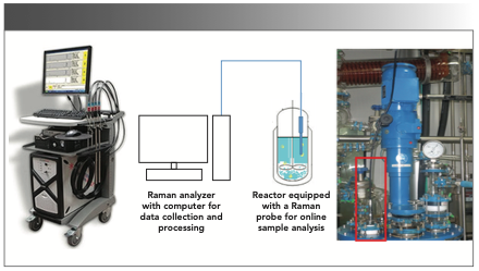 FIGURE 3: Schematic diagram of the experimental setup used for inline sample analysis from the reactor equipped with a Raman probe. Photographs in the extreme left and right show the view of a Raman analyzer and a reactor in the authors’ laboratory.