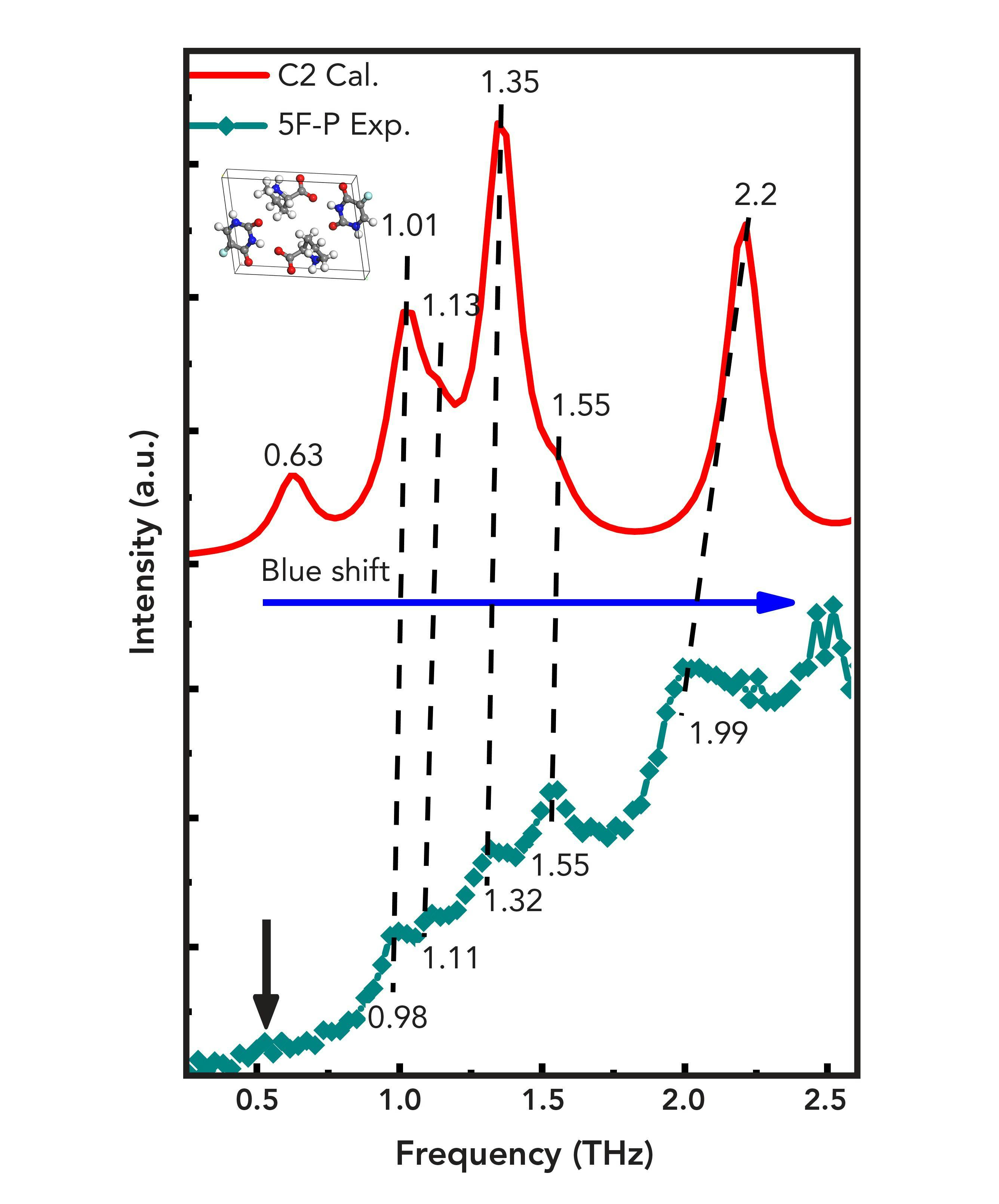 FIGURE 7: The THz experimental spectra of (green) 5F-P, and (red) the theoretical spectra of C2.