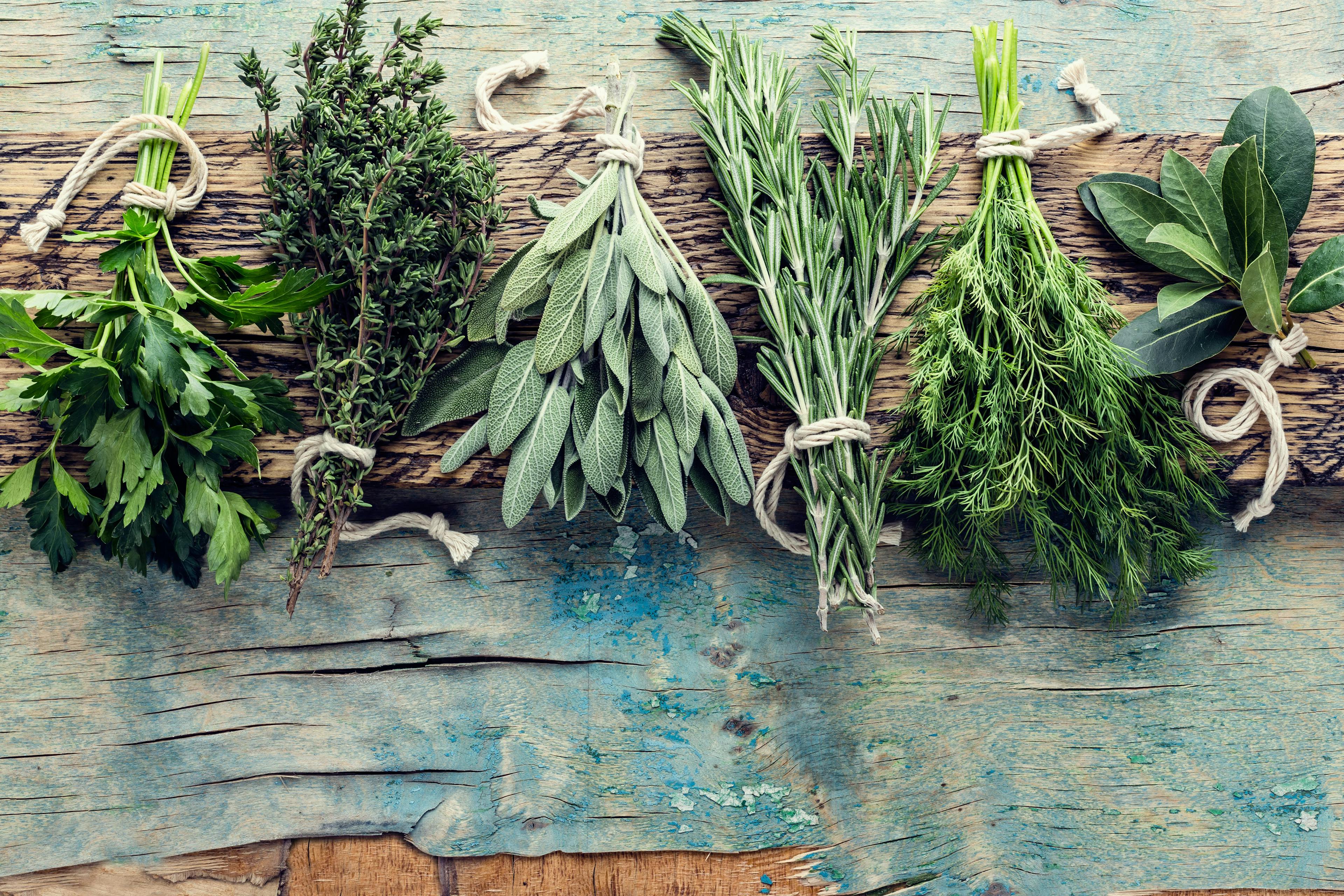 fresh herbs on wooden background with space for text | Image Credit: © Sunny Forest - stock.adobe.com