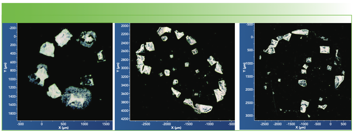 FIGURE 2: Low magnification mosaic micrographs of deposits from the saline-exposed centrifuge vials of the three sources studied here. From left to right: first, second, and third vendors.