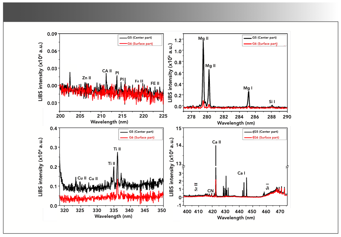 FIGURE 3: Typical LIBS spectra of center (G5-black spectra) and surface (G6-red spectra) parts of gallstone in different spectral range.