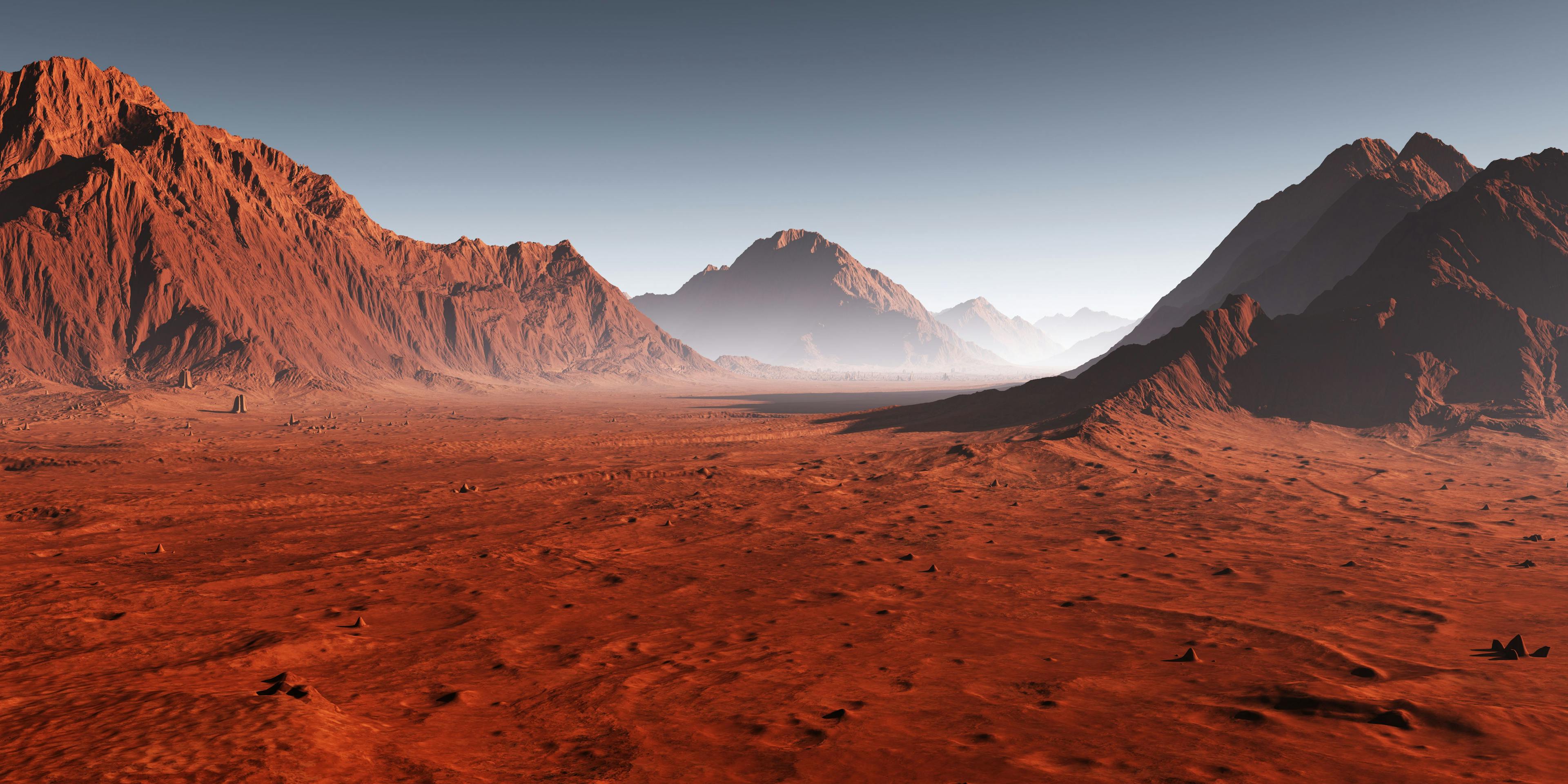 Sunset on Mars, dust obscured Martian landscape. 3D illustration | Image Credit: © Peter Jurik - stock.adobe.com