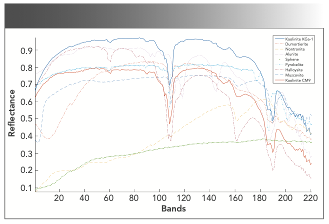 FIGURE 2: Spectra of nine endmembers for the simulated data set 2 (kaolinite KGa-1, dumortierite, nontronite, alunite, sphene, pyrobelite, halloysite, muscovite, and kaolinite CM9).