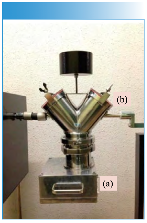  FIGURE 3: A photograph of the NIR spectroscopy-based process monitoring setup for a blend process (a) P-NIRs, Yokogawa, see reference (17), for the inline blending process monitoring. (b) A vessel type blending machine. Reproduced from reference (17) with permission.