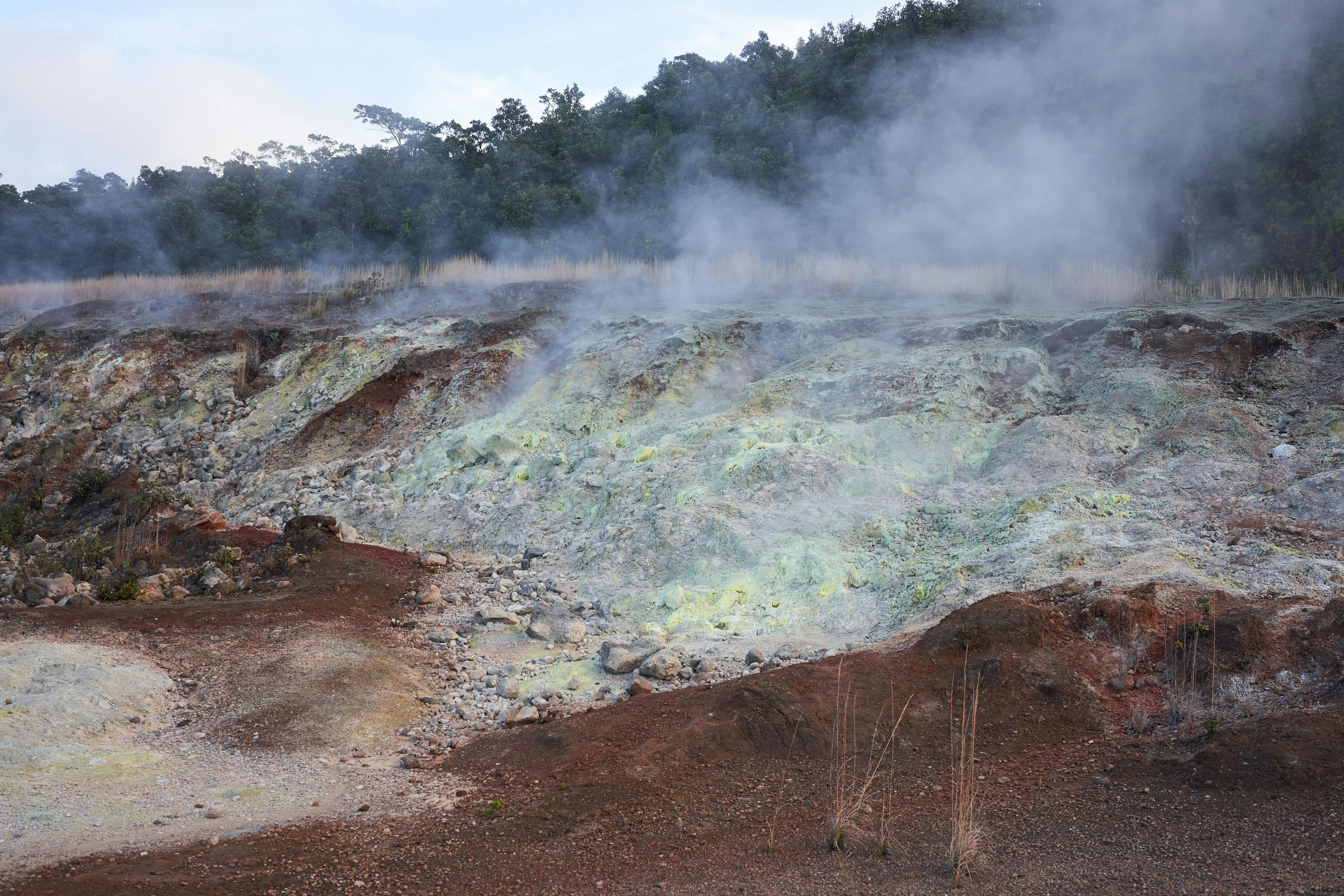 Volcanic gases rich in carbon dioxide, sulfur dioxide and hydrogen sulfide seep out of the ground along with groundwater steam at Sulphur Banks (Ha'akulamanu) in Hawaii Volcanoes National Park. | Image Credit: © Tada Images - stock.adobe.com