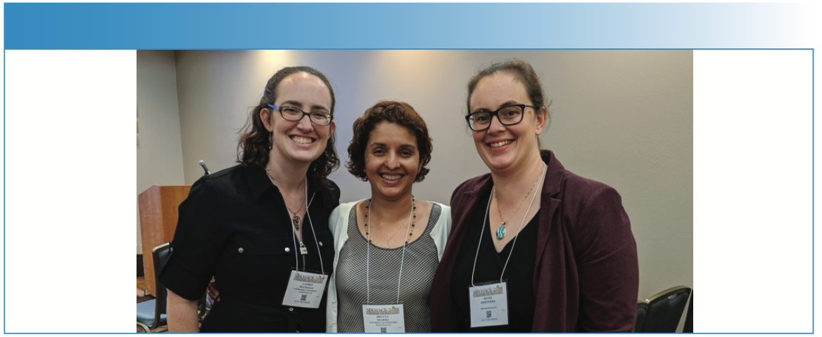 Former Van Duyne group postdocs reunite at SERMACS 2019. L to R: Lauren Buchanan, Bhavya Sharma, and Renee Frontiera, October 2019, Savannah, Georgia.