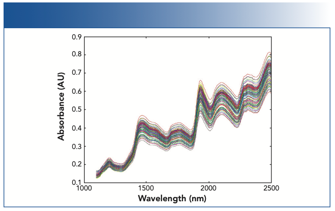 FIGURE 1: Overlayed spectra showing the variations because of repack or particle size effect. The samples in this case were ground wheat. As shown here, variations because of particle size effect can typically be larger than the spectral variations related to changes in the composition of the samples.