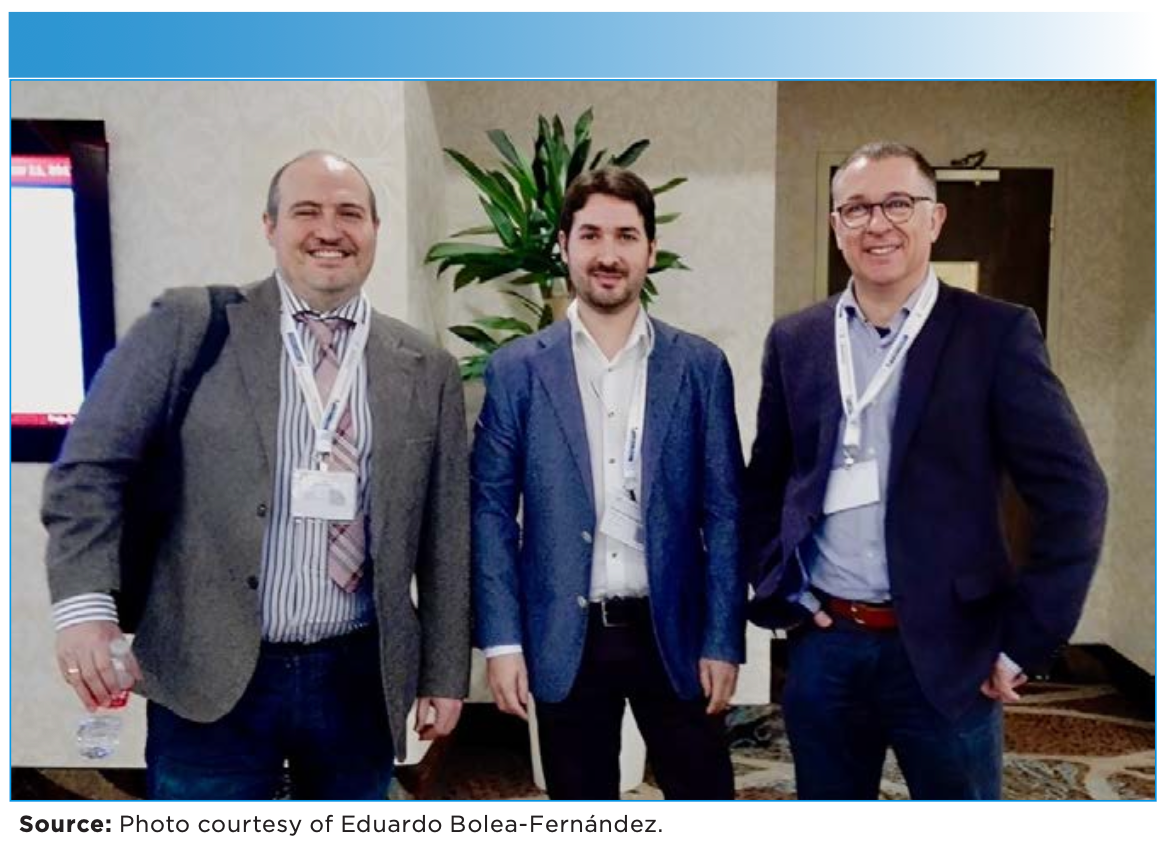 A 2017 photograph together with Prof. Dr. Martín Resano (left, head of the MARTE research unit) and Prof. Dr. Frank Vanhaecke (right, head of the Atomic and Mass Spectrometry, A&MS, research unit). Eduardo Bolea-Fernández is in the center. The image was taken at Scix 2017, in Reno, Nevada (USA). Prof. Dr. Frank Vanhaecke and Prof. Dr. Martín Resano were promotors of Bolea-Fernández’s PhD research.