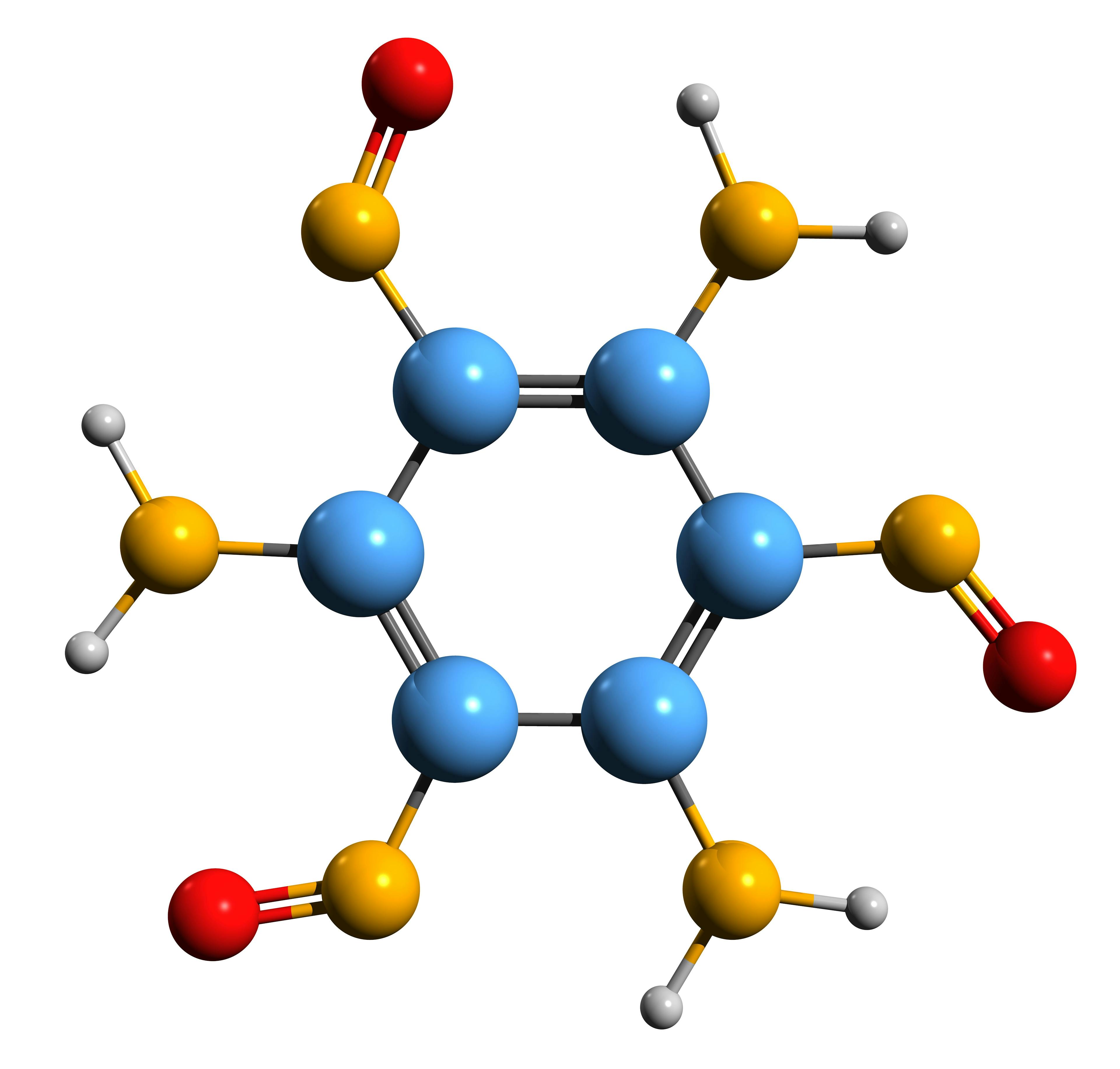 3D image of triaminotrinitrobenzene skeletal formula - molecular chemical structure of aromatic explosive TATB isolated on white background | Image Credit: © kseniyaomega - stock.adobe.com