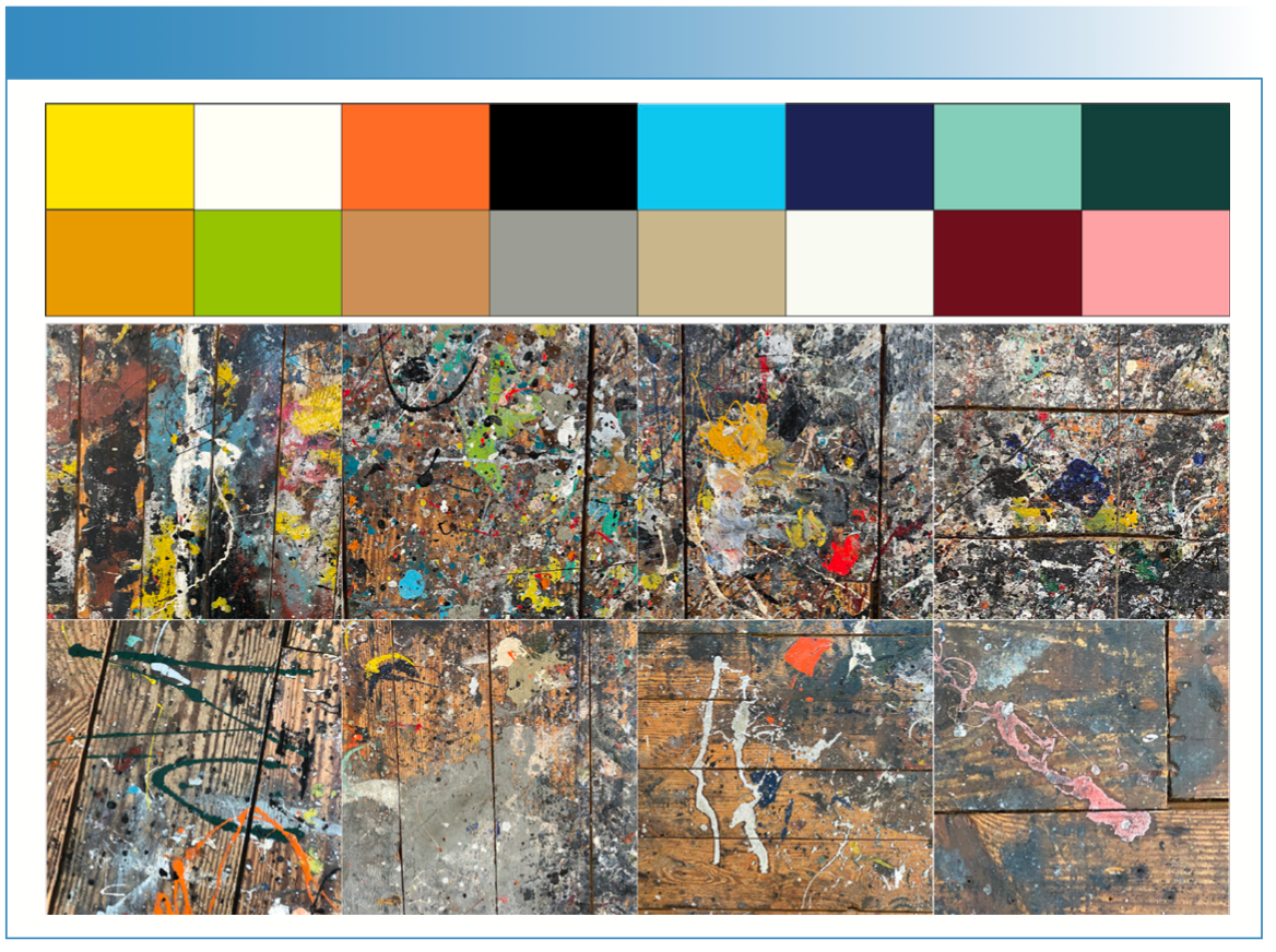 FIGURE 2: Pigment palette, from upper left to lower right: yellow, white, orange, black, museum gray-blue, dark blue, Midas blue-green, hunter green, mustard-color, lime green, brown, slate gray, dingy gray, aluminum/silver-colored, dark red, and pink. Accompanying images show in situ examples of paints at different locations on the barn floor.