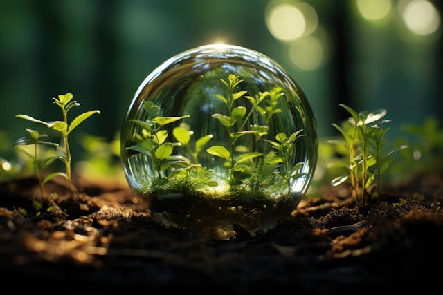 Glass globe encircled by verdant forest flora, symbolizing nature, environment, sustainability, ESG, and climate change awareness, generative ai | Image Credit: © InputUX - stock.adobe.com