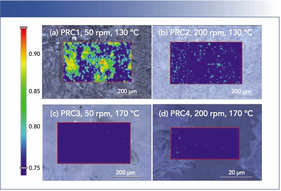 FIGURE 4: Raman images of extrudates from different HME processes. Images (a–c) were collected using a 50× objective and a 5 μm pixel size. Image (d) was collected using a 100× objective and a 0.5 μm pixel size.