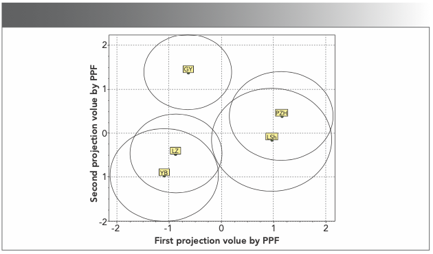 FIGURE 2: Principal component and Fisher criterion (PPF) projection with 5 principal components.