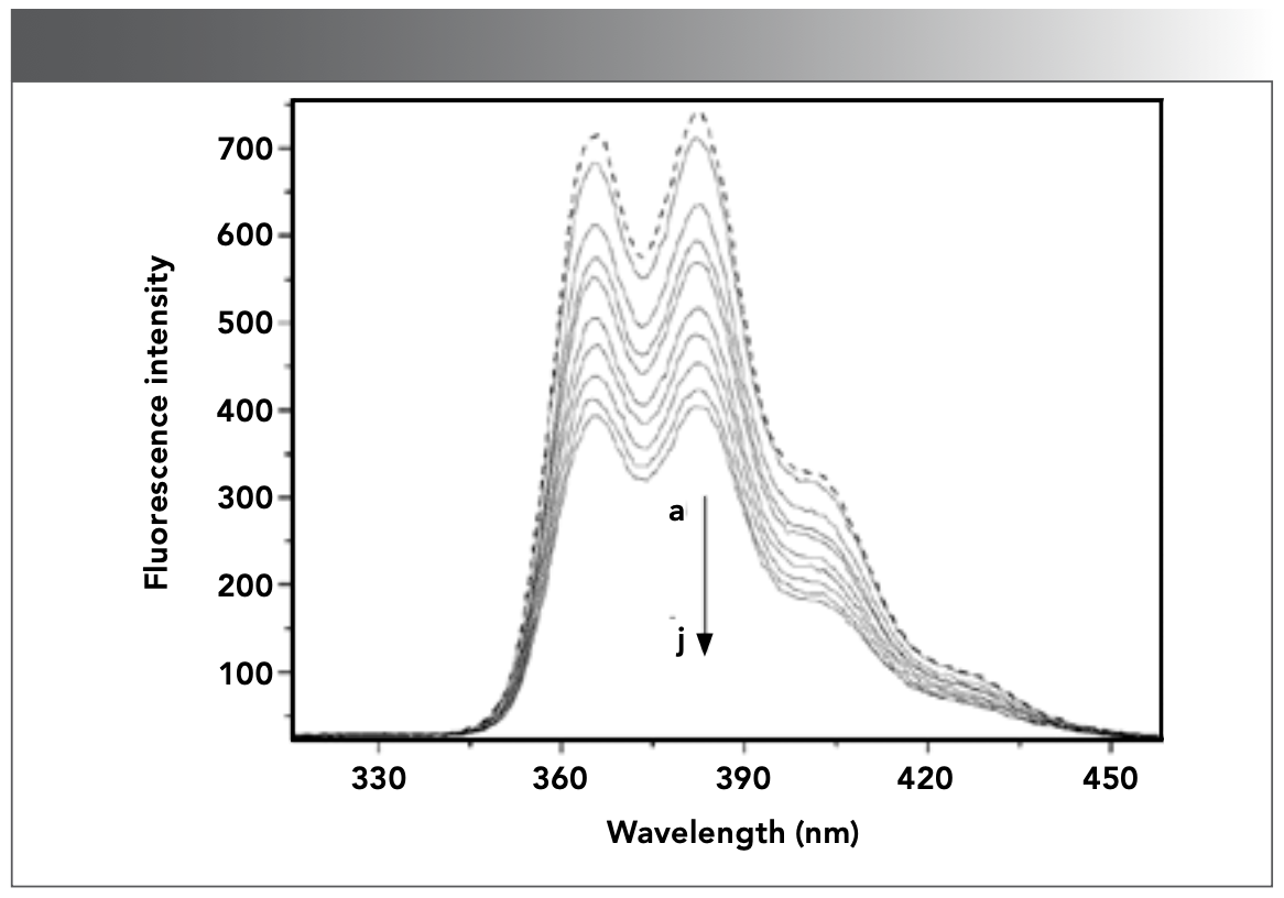 FIGURE 4: Fluorescence emission spectra of CHR (9.82 × 10-7 mol/L) in the absence and presence of DNA in Tris-HCl buffer solution (pH 7.40) at room temperature. a–j: [DNA]= 0, 0.17, 0.33, 0.50, 0.65, 0.81, 0.97, 1.13, 1.29, and 1.45 × 10-6 mol/L.