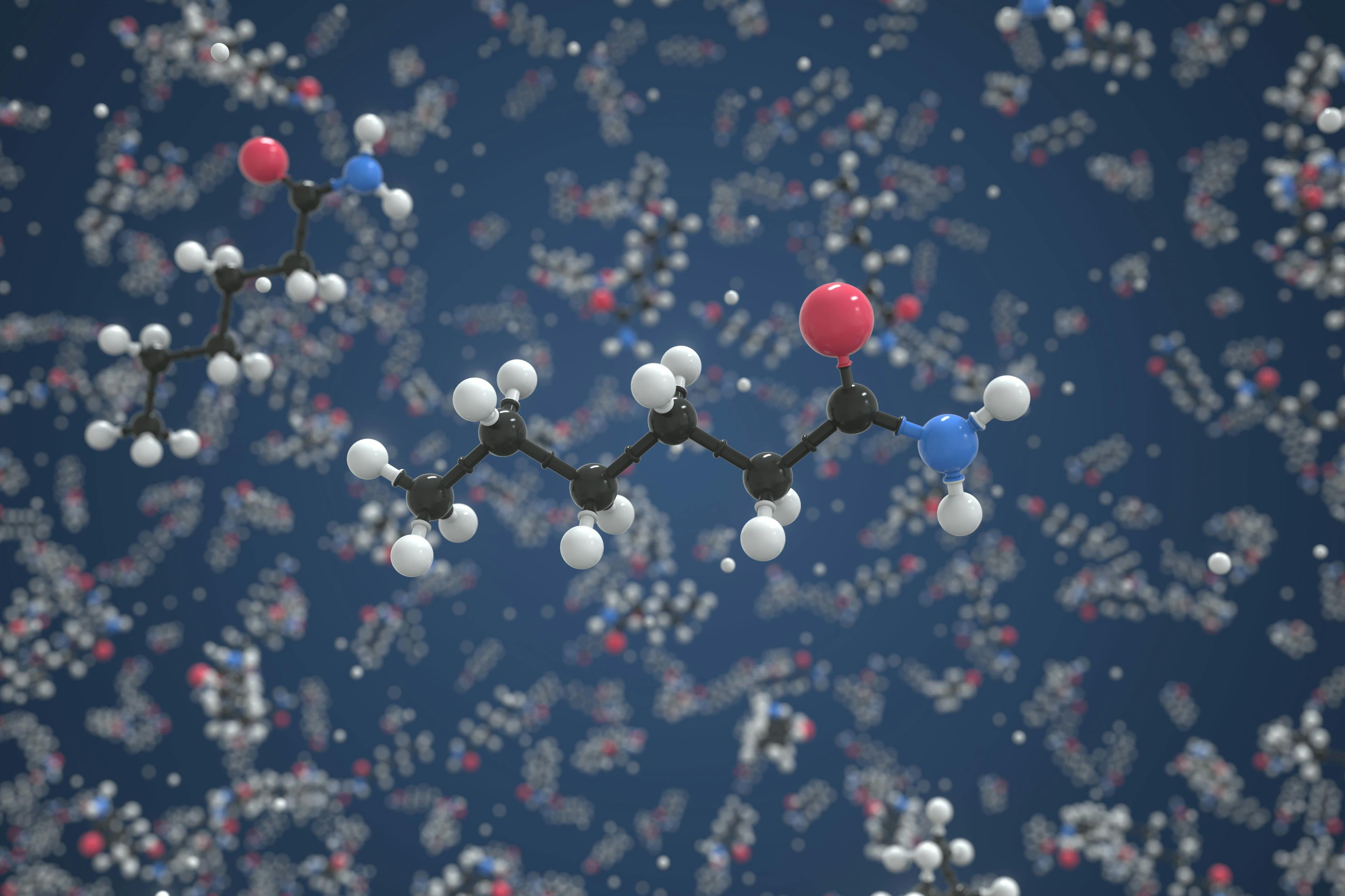 Polyamide 6 molecule, scientific molecular model, 3d rendering