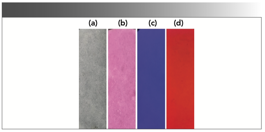 FIGURE 8: Photographs of G1 (0.1 M) on test strips (a) only G1, (b) after immersion into water solutions with Hg2+, (c) only G1 under the UV lamp, and (d) after immersion into water solutions with Hg2+ under a UV lamp at room temperature and irradiation under UV light at 365 nm.
