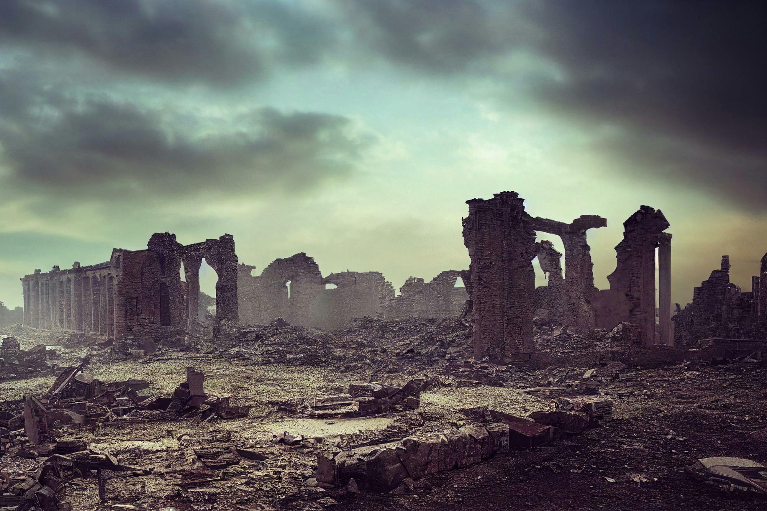 Ruins of a city totally destroyed during the Third Nuclear World War, foggy sky background. Generative AI | Image Credit: © Helmut - stock.adobe.com