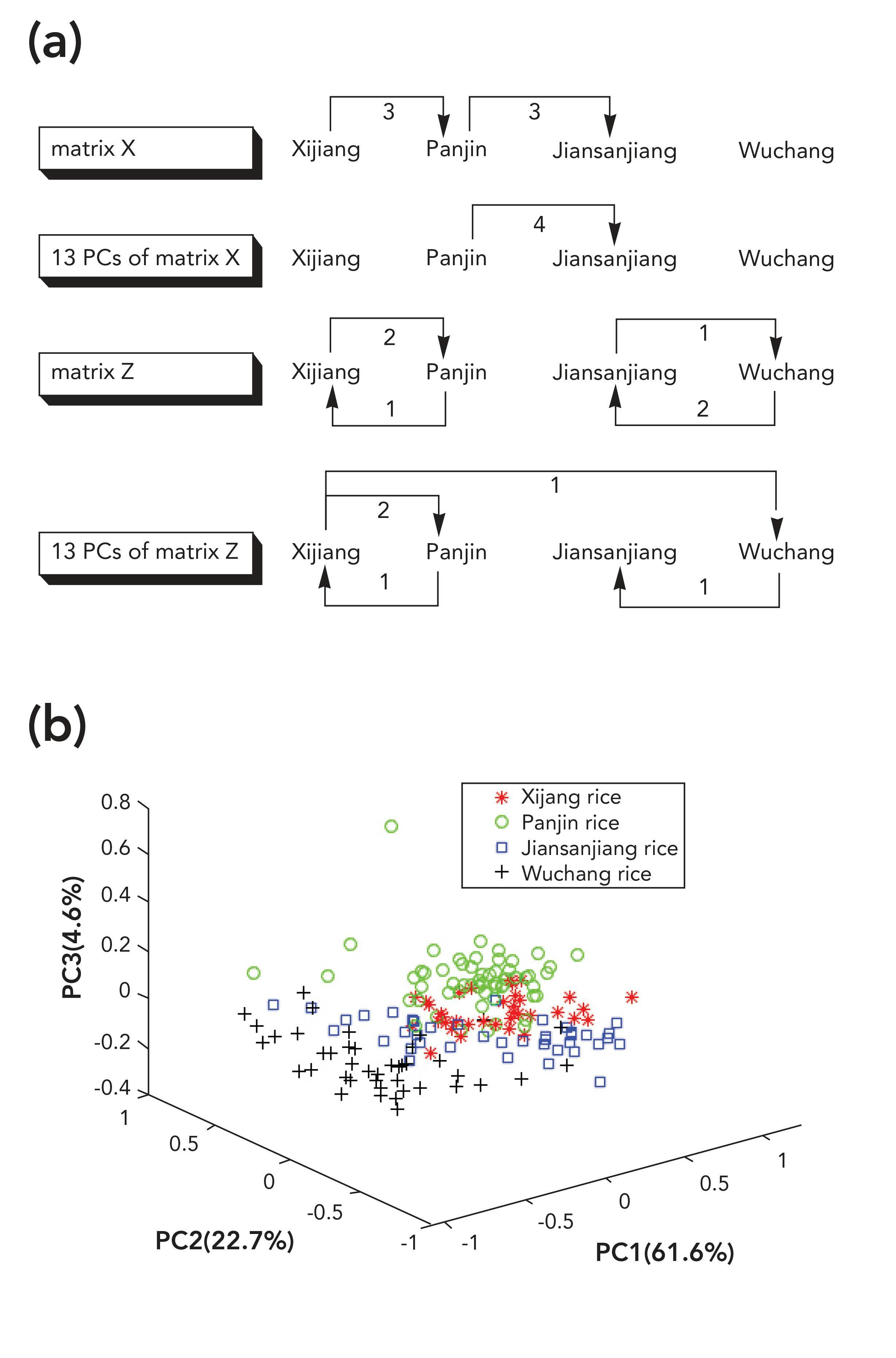 FIGURE 3: (a) Details of misclassified rice samples by Raman spectroscopy (b) Distribution of rice samples in the multidimensional principal component analysis (PCA) space formed by the first three PCs of mid-IR spectra.