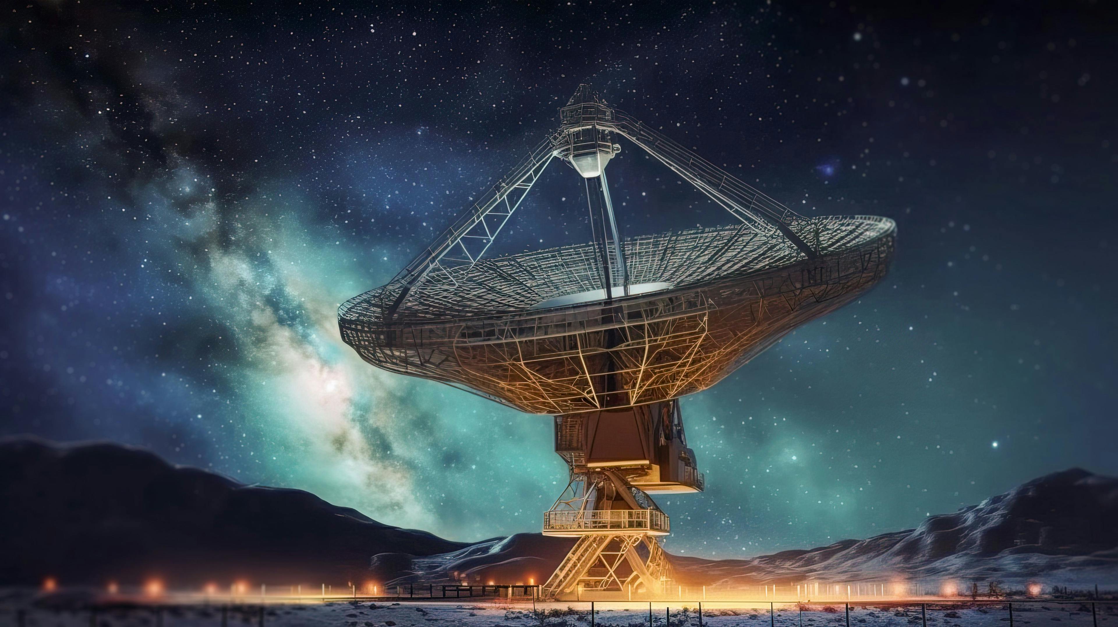 Big telescope, a large satellite dish against the night sky tracks the stars. Technology concept, search for extraterrestrial life, wiretap of space. | Image Credit: © Falk - stock.adobe.com