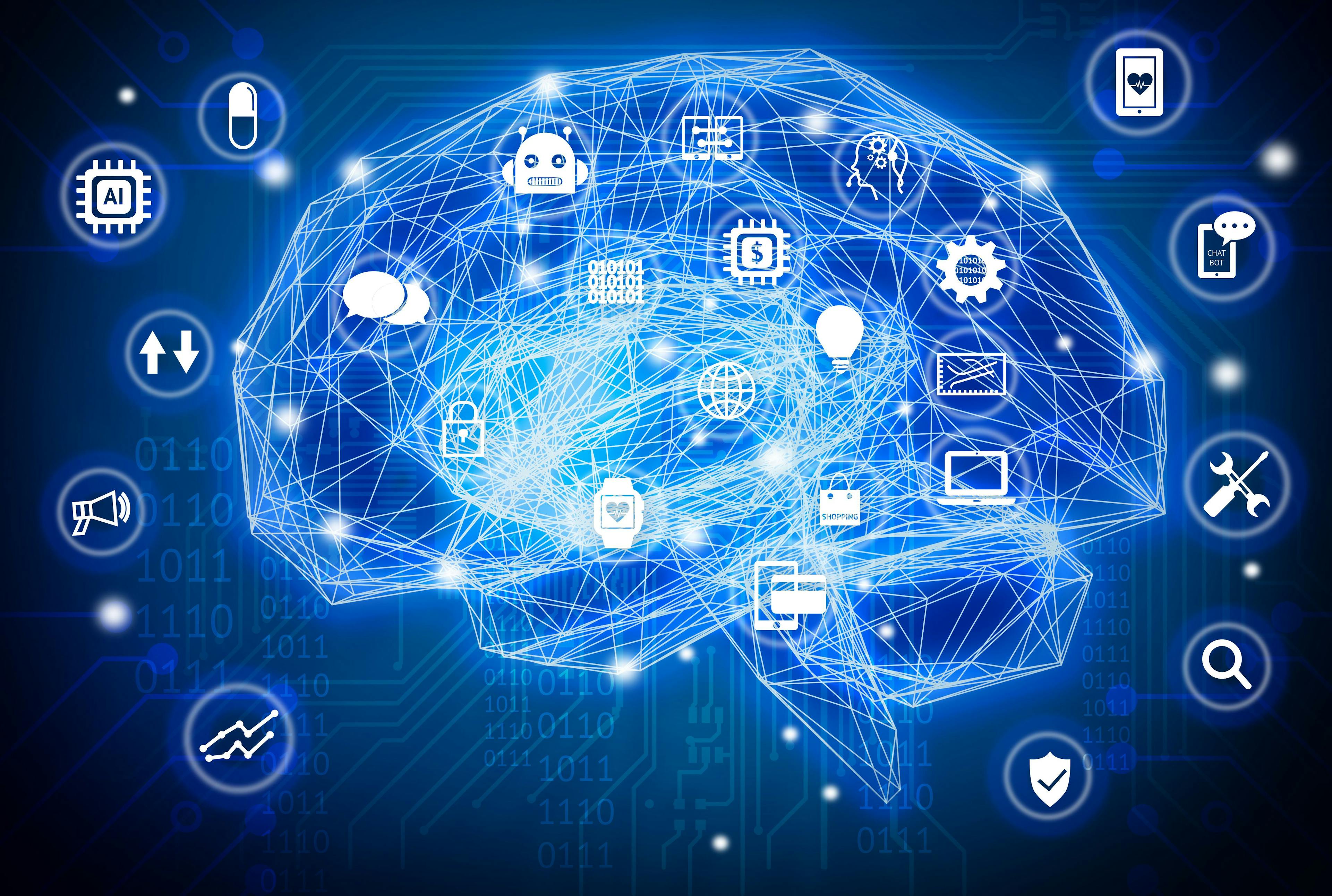 Machine learning , artificial intelligence , ai , deep learning and future concept. Wireframe Brain connect with circuit electronic graphic , binary code and technology icons background.Blue tone | Image Credit: © zapp2photo - stock.adobe.com