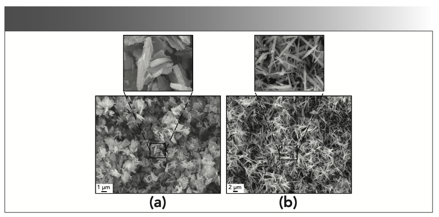 FIGURE 2: (a) SEM image of Mg0.98Al2O4: 0.02Tb3+ phosphors without urea and partial enlargement drawing; (b) SEM image of Mg0.98Al2O4: 0.02Tb3+ phosphors with urea and partial enlargement drawing.