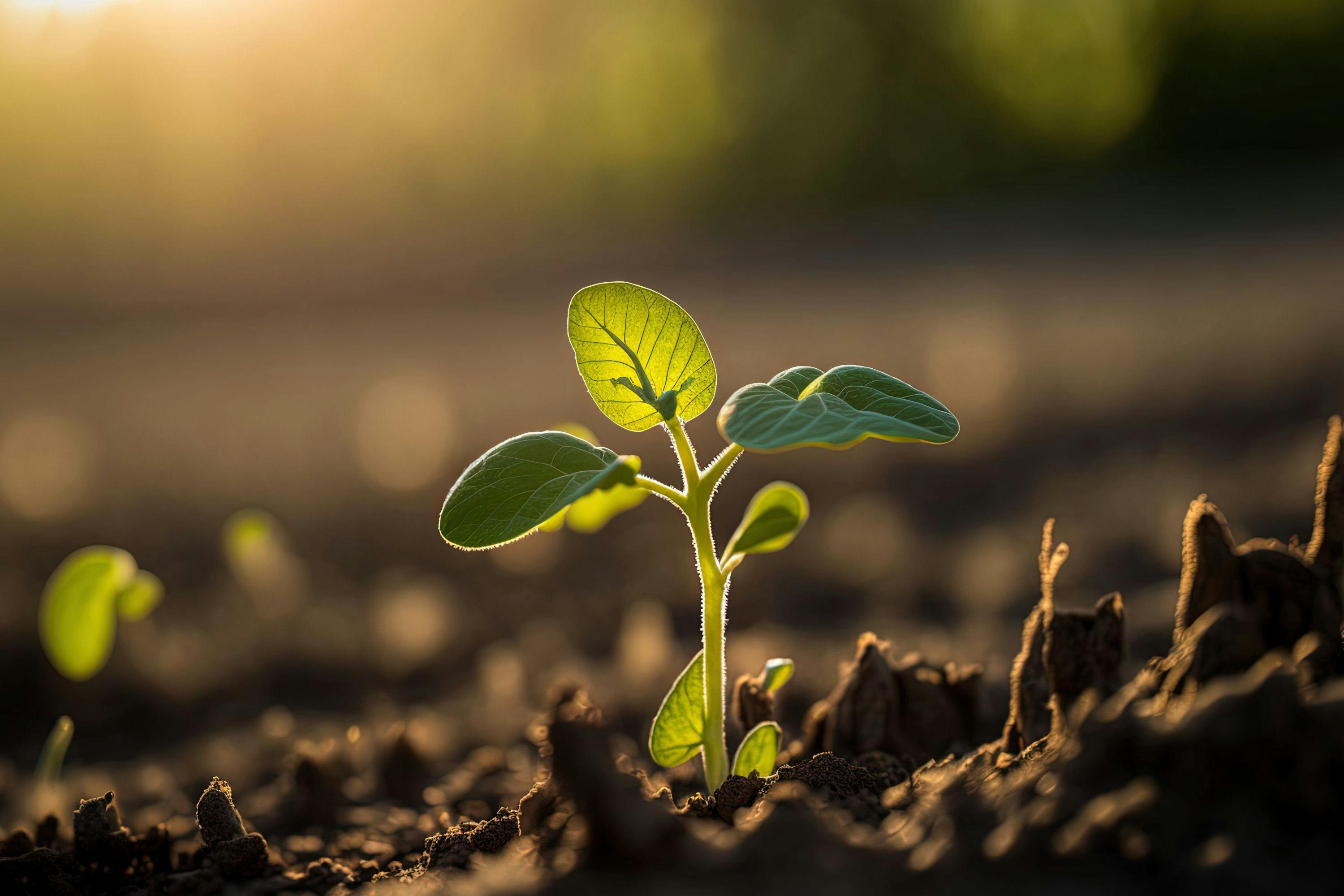 In the field, a thin, vulnerable soybean sprout reaches for the light. Soybean plants growing in rows on a farm. selective attention. Generative AI | Image Credit: © 2ragon - stock.adobe.com