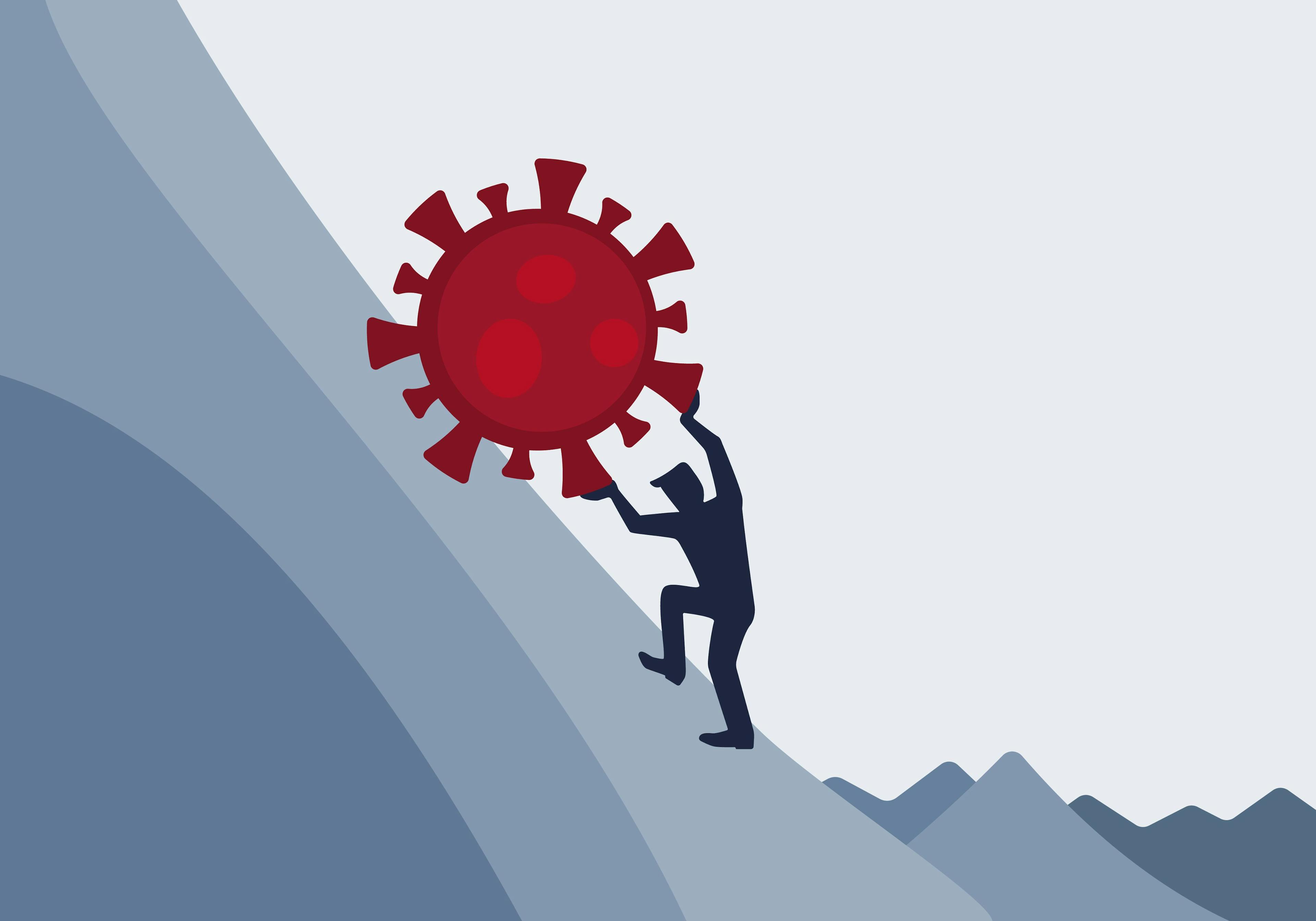 Long Covid patient with post viral fatigue syndrome pushing a metaphoric Coronavirus up a mountain in Sisyphus concept vector | Image Credit: © THP Creative - stock.adobe.com