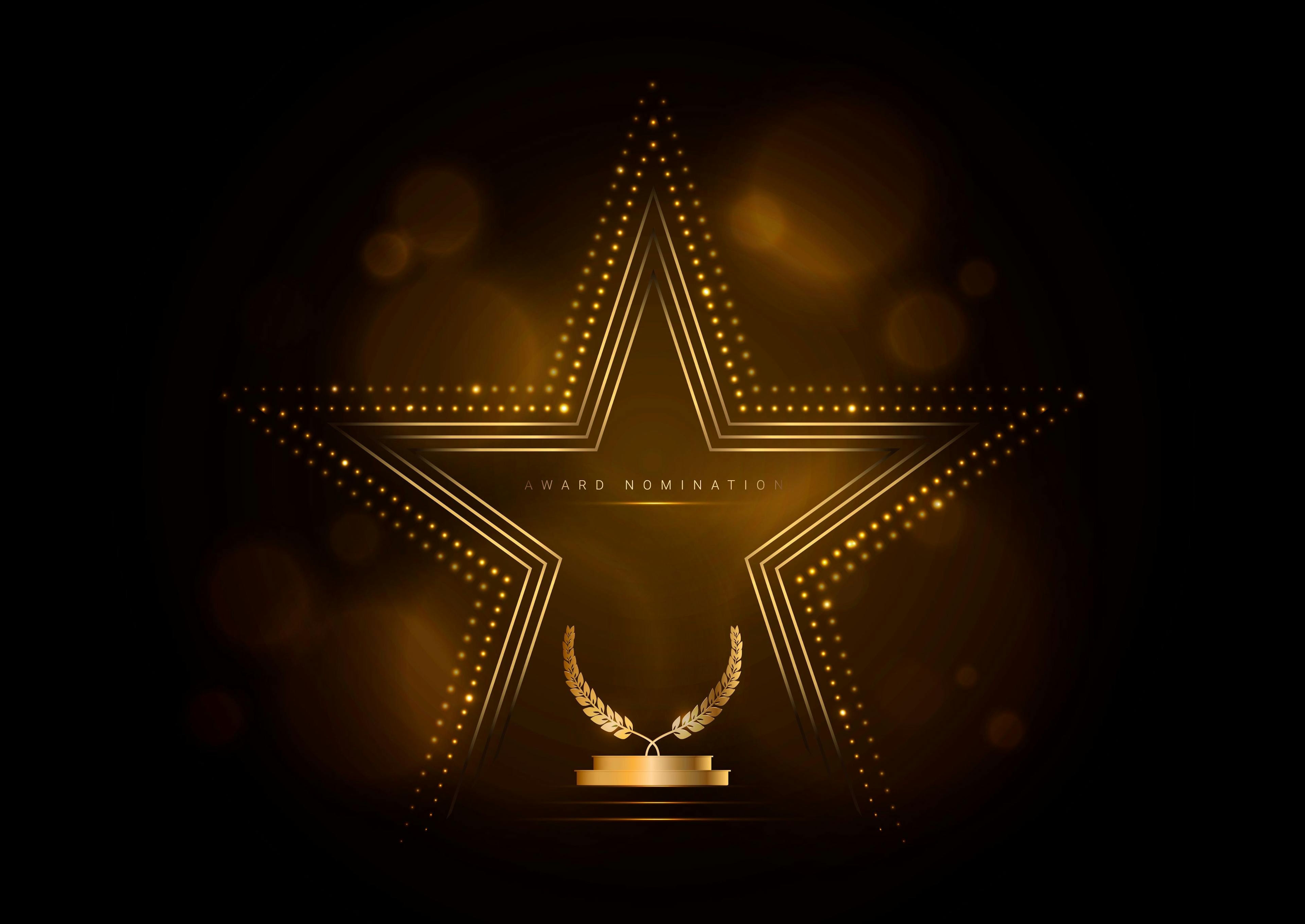 Golden glowing star with laurel wreath, award template on black background. | Image Credit: © Gutovang - stock.adobe.com. 