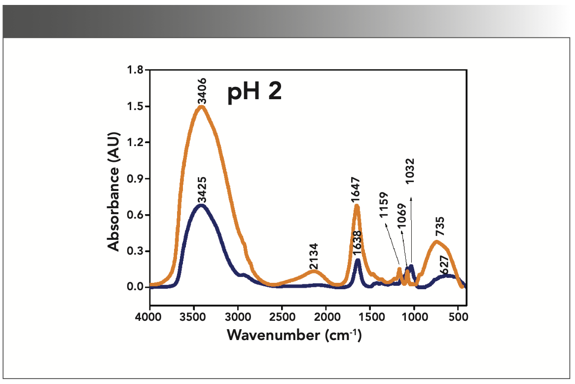 FIGURE 1: Primary spectra for pH 2: Buffer+SUC+OVA (blue), Buffer+OVA (orange).