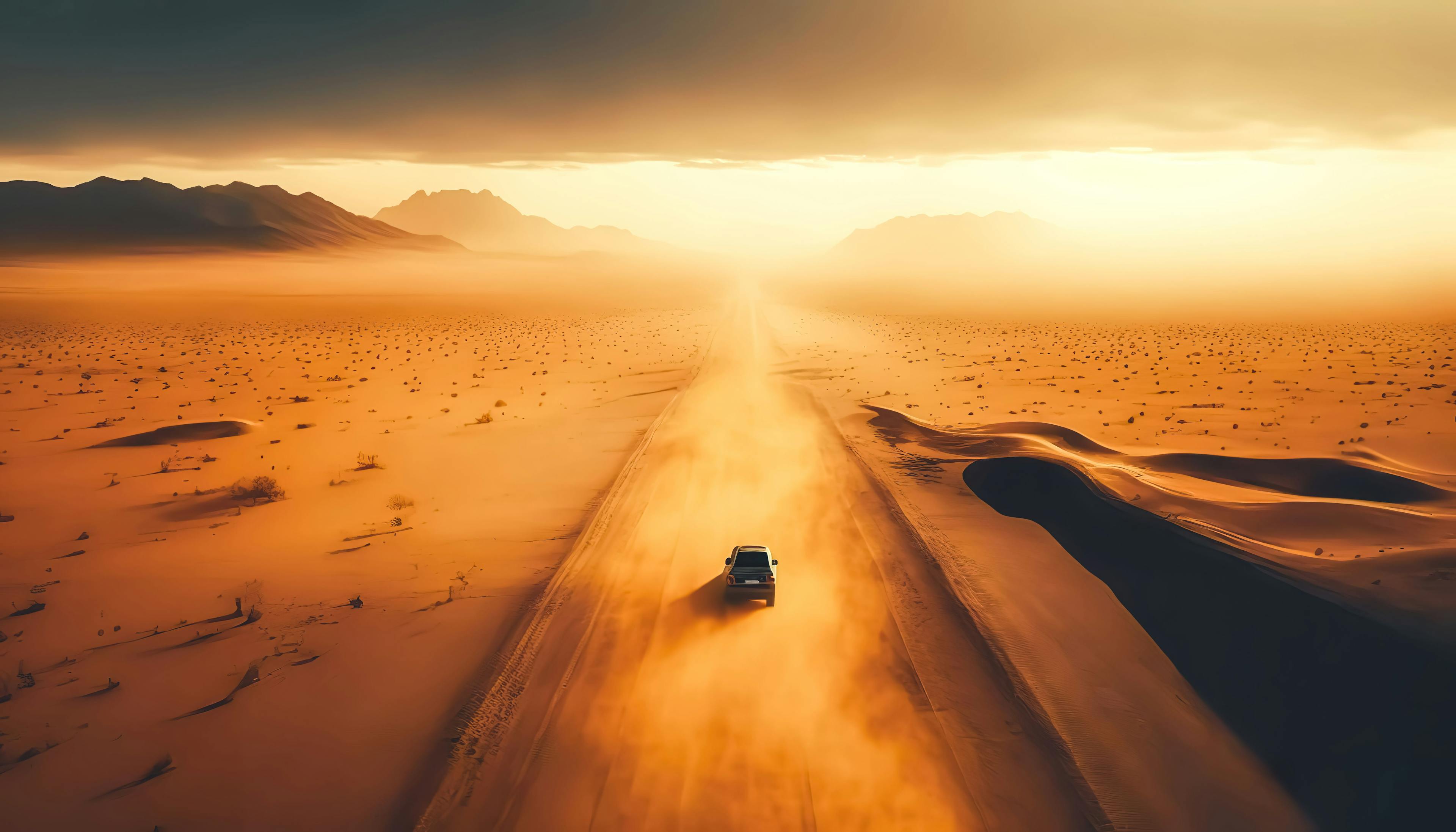 Car traveling through the desert, dusty road under the sun. | Image Credit: © puhimec - stock.adobe.com