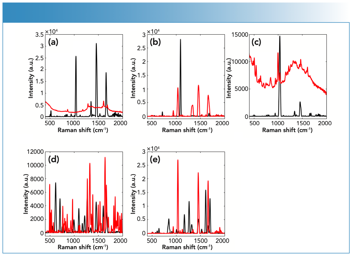 FIGURE 1: Raman spectra of (a) BEN, (b) COC HCl, (c) LEV HCl, (d) LID HCl, and (e) PRO HCl measured using the handheld Raman spectrometer equipped with a 785-nm laser wavelength; powder (black) and liquid (red) spiked spectra.