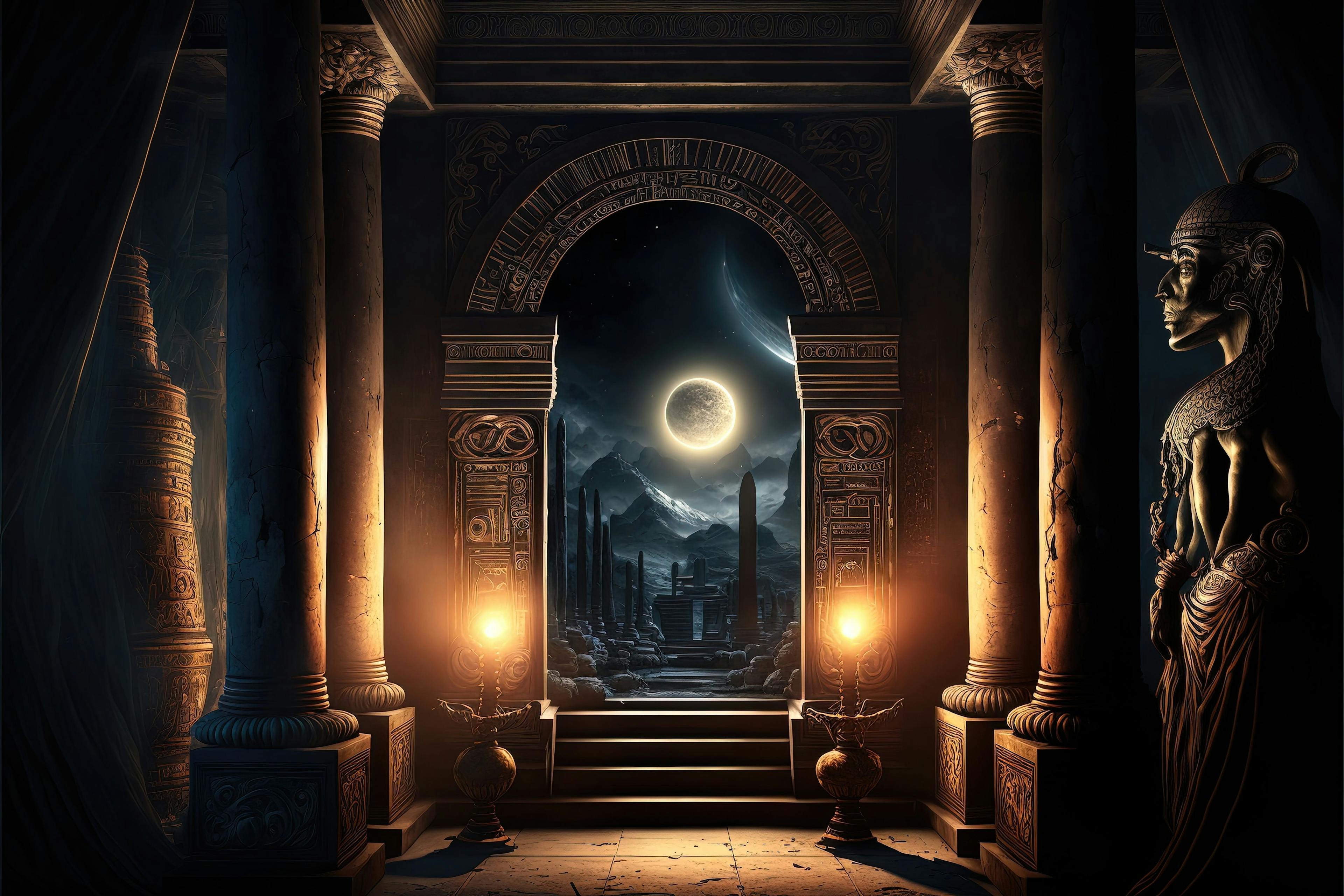 Black room interior in ancient Egyptian style, gold decor, fantasy interior. Ancient Egypt, black interior, gold, night lights, shadows. AI | Image Credit: © MiaStendel - stock.adobe.com