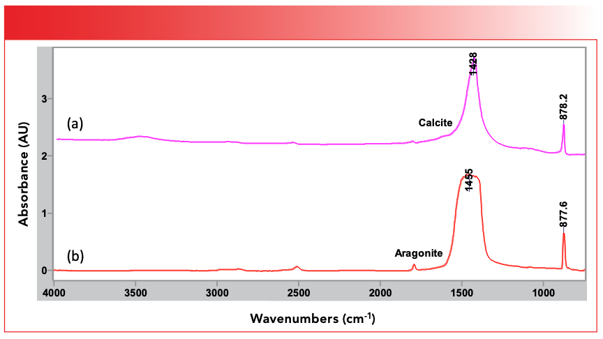 FIGURE 3: The infrared spectra of two different crystalline forms of CaCO3, (a) calcite, which is trigonal, and (b) aragonite, which is rhombohedral. Note that the carbon-oxygen stretching peaks are different in the two spectra, falling at 1428 and 1455 respectively.