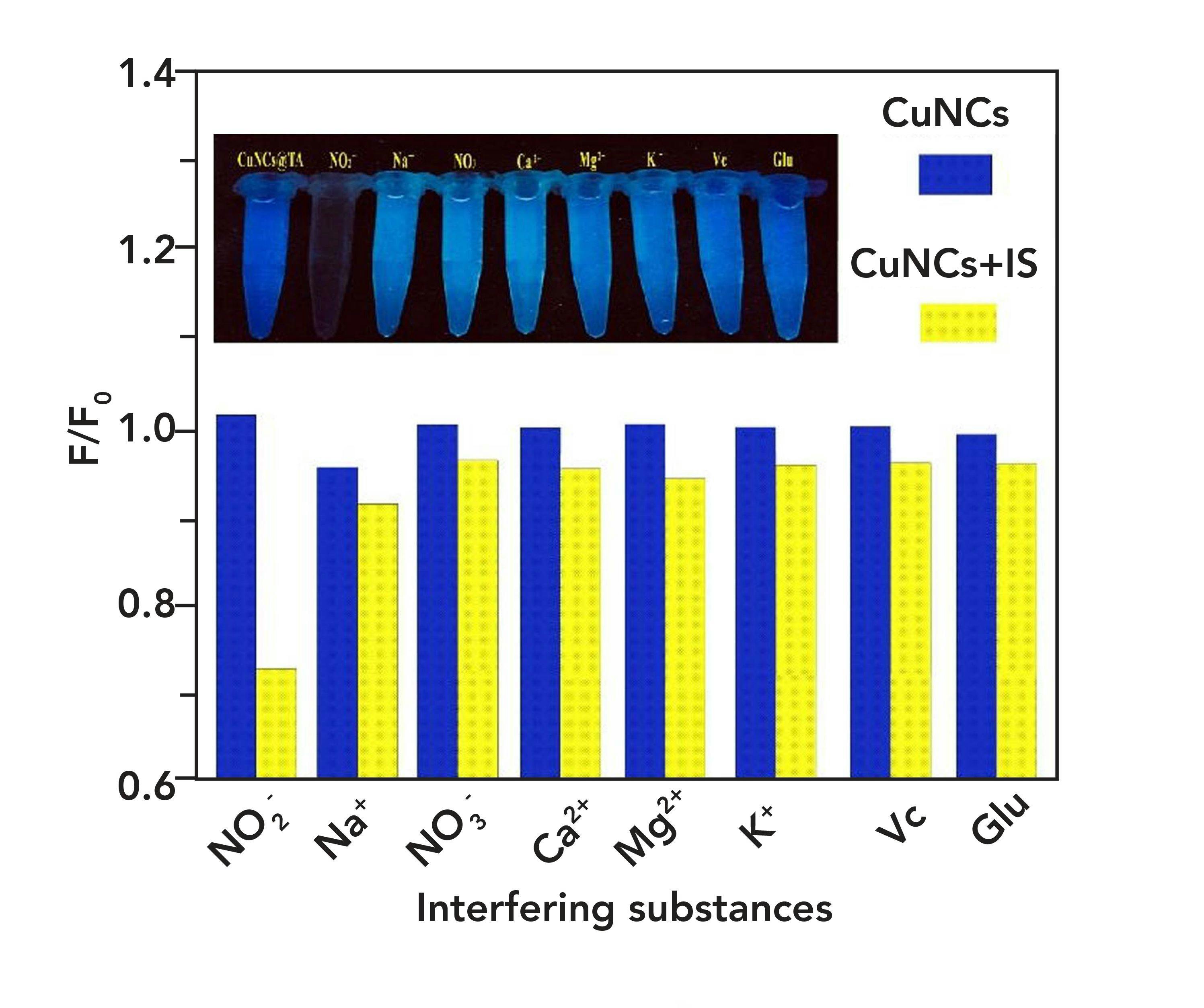 FIGURE 5: The fluorescence intensity ratio (F/F0) of TA-CuNCs (0.5 mg/mL) in the presence of various interfering substances. Inset image shows corresponding vials of sample with respective interfering material.