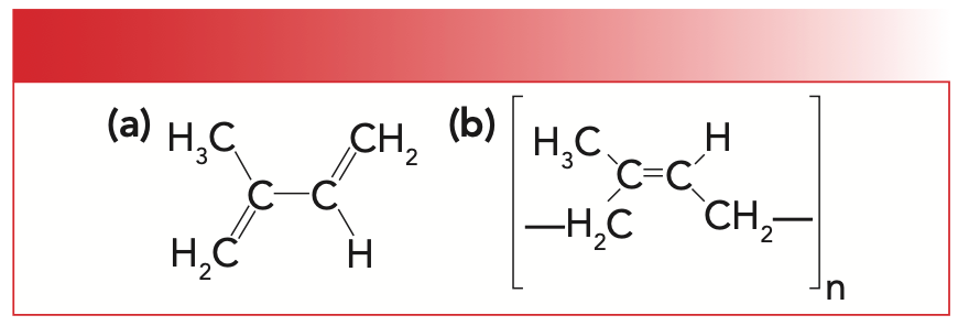FIGURE 1: (a) The molecular structure of isoprene. (b) The molecular structure of natural rubber, or polyisoprene.