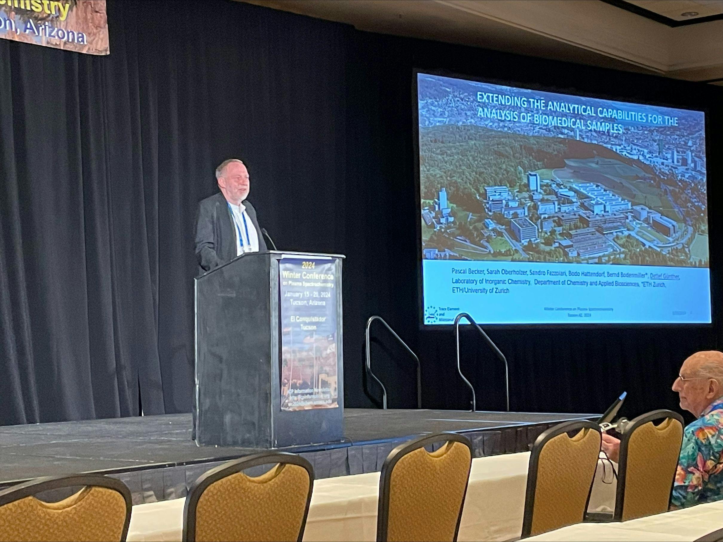 Detlef Günther delivers his talk, “Extending the Analytical Capabilities for the Analysis of Biomedical Samples,” at the Winter Conference of Plasma Spectrochemistry, in Tucson, Arizona. Photo Credit: © Will Wetzel