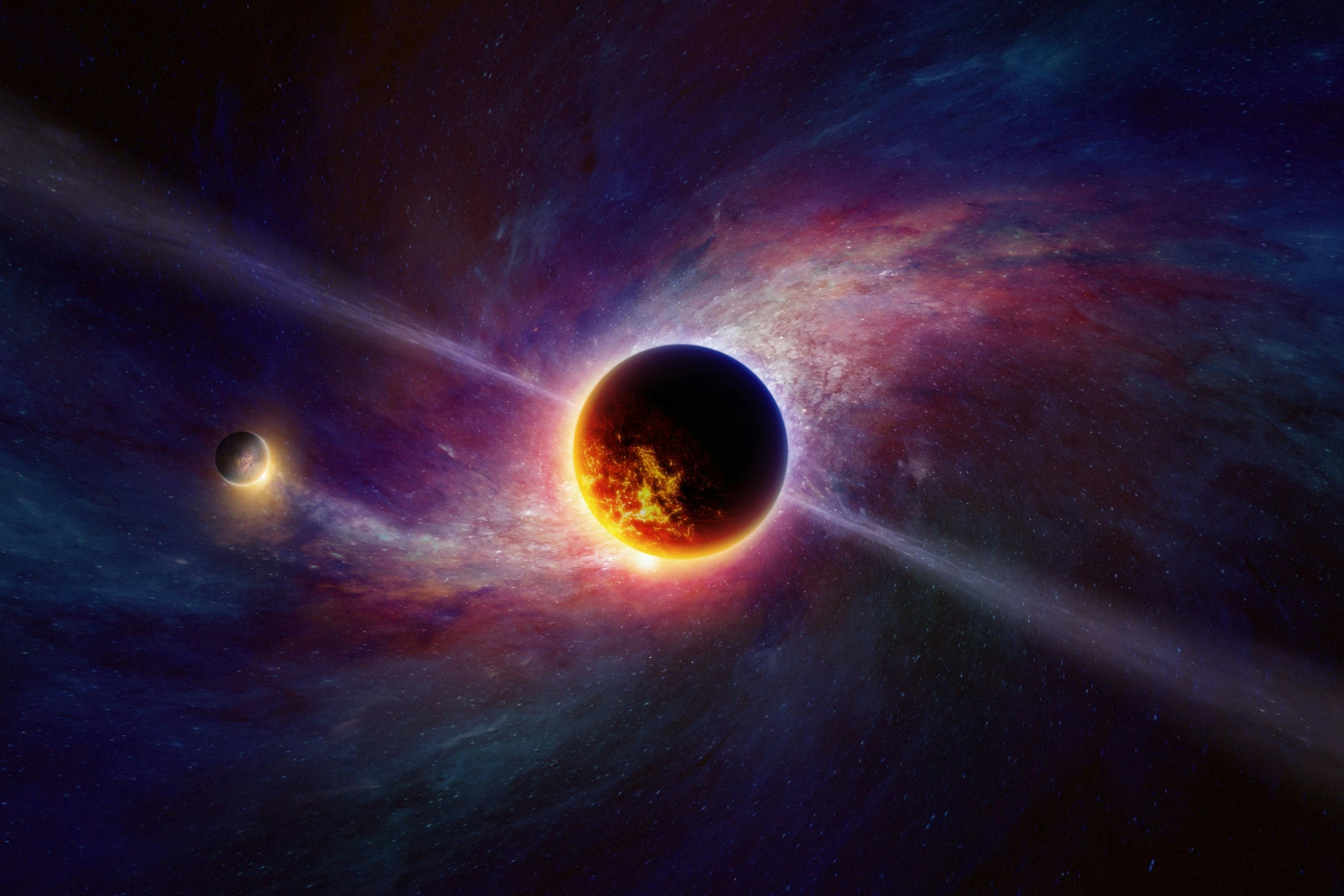 Abstract scientific image, glowing exoplanets in deep space on background of spiral galaxy. Exoplanet or extrasolar planet is planet outside Solar System. | Image Credit: © IgorZh - stock.adobe.com