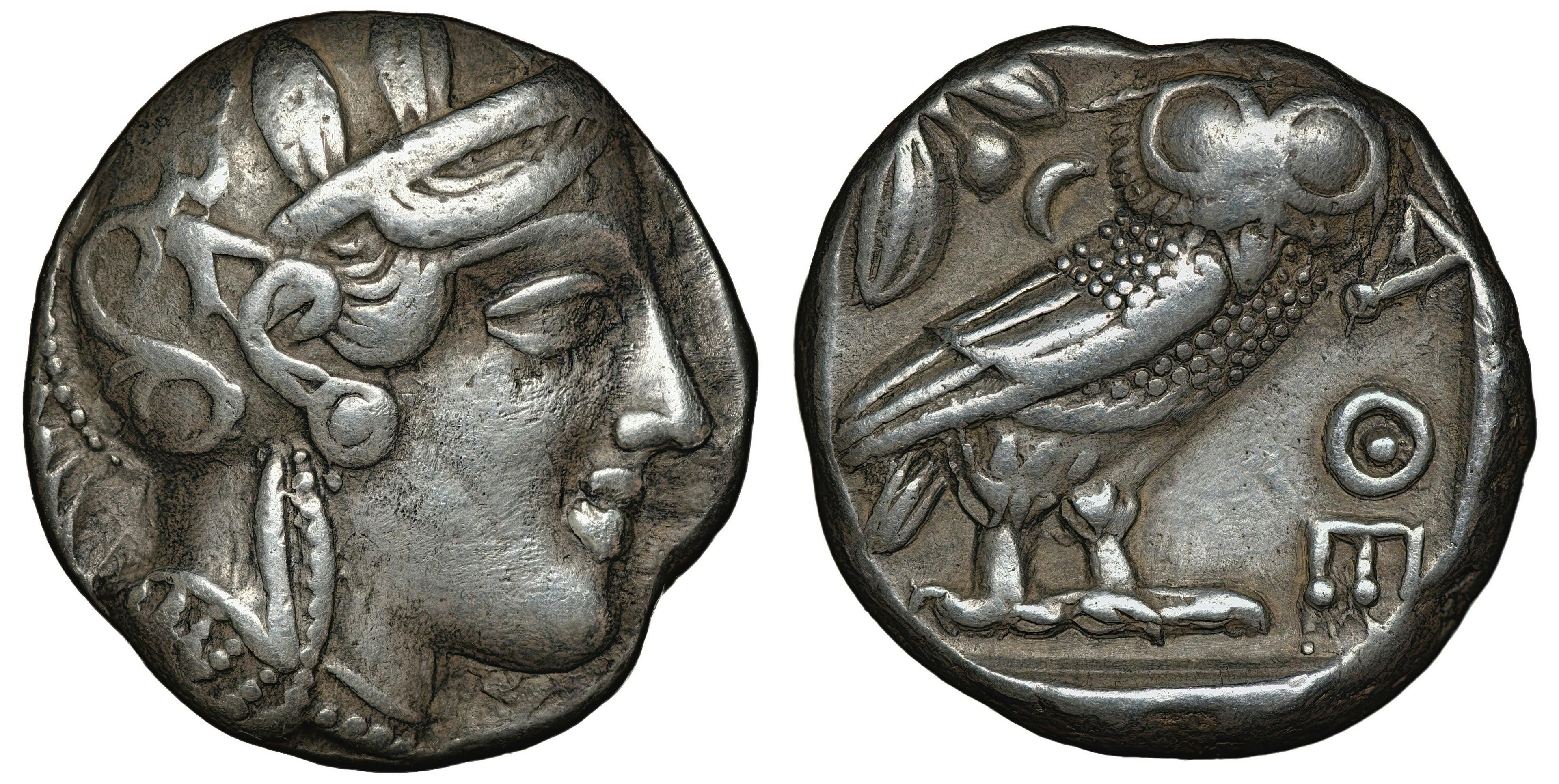 Illyria and Central Greece – Attica silver coin tetradrachm 454-404 BC, helmeted head of Athena right, olive sprig and crescent behind standing owl, | Image Credit: © Yaroslav - stock.adobe.com