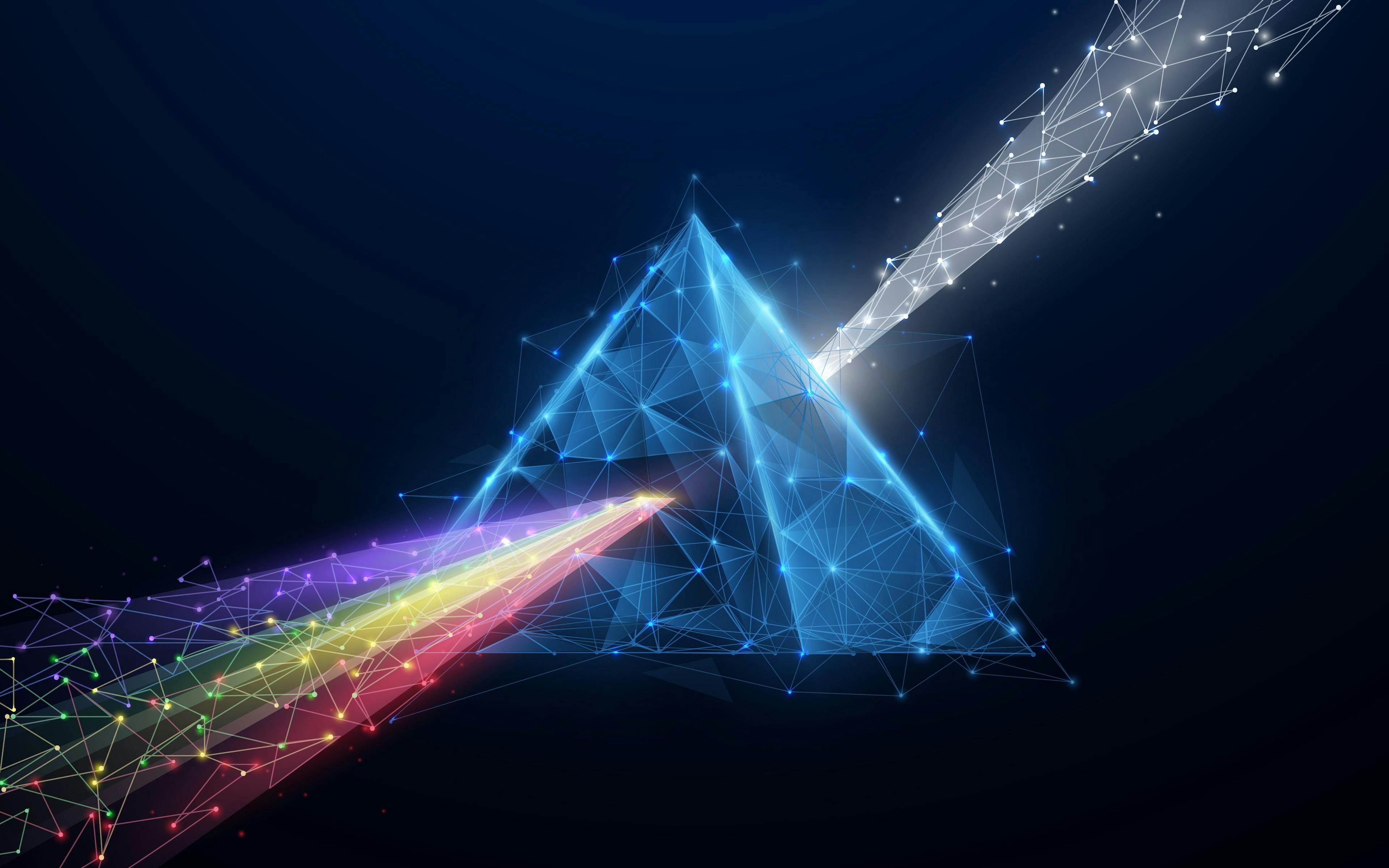 Prism light spectrum. 3d triangle shape from lines, triangles, particle, low poly and wireframe design. Vector illustration